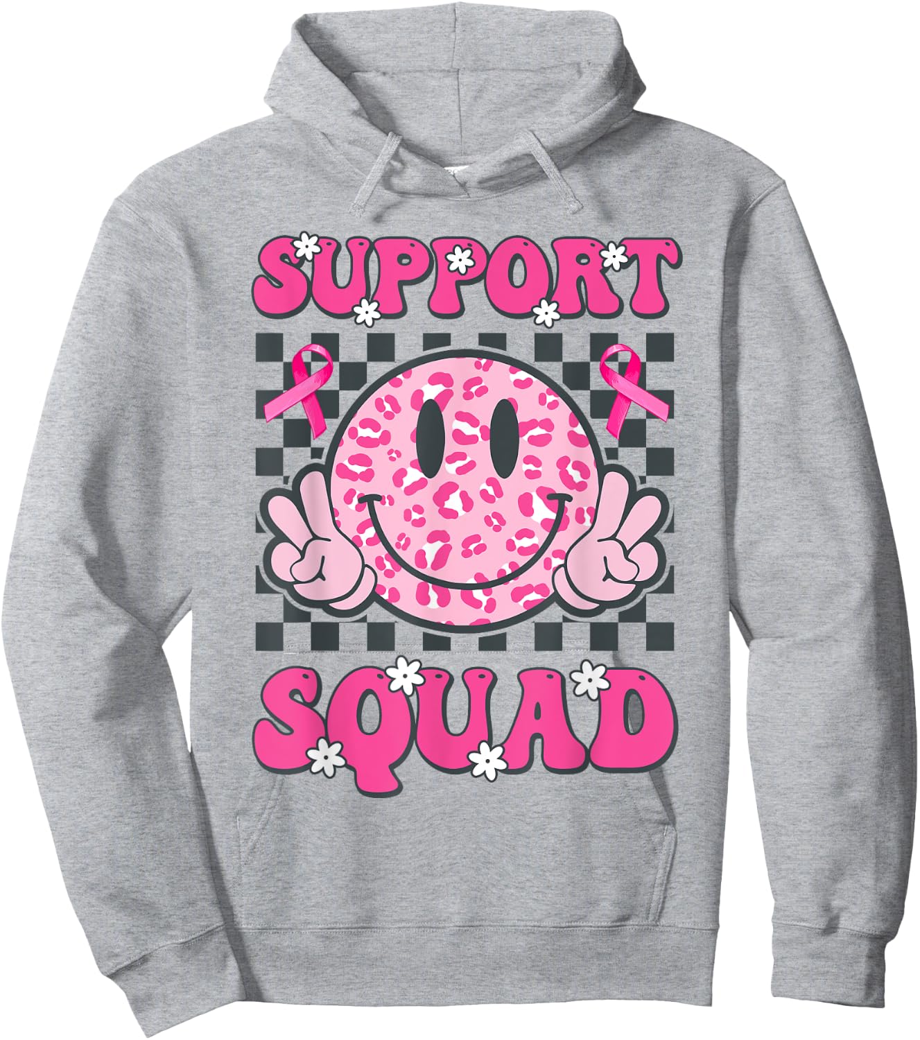 Support Squad Breast Cancer Awareness Smile Face Pink Ribbon Hoodie - Hoodie | Ash