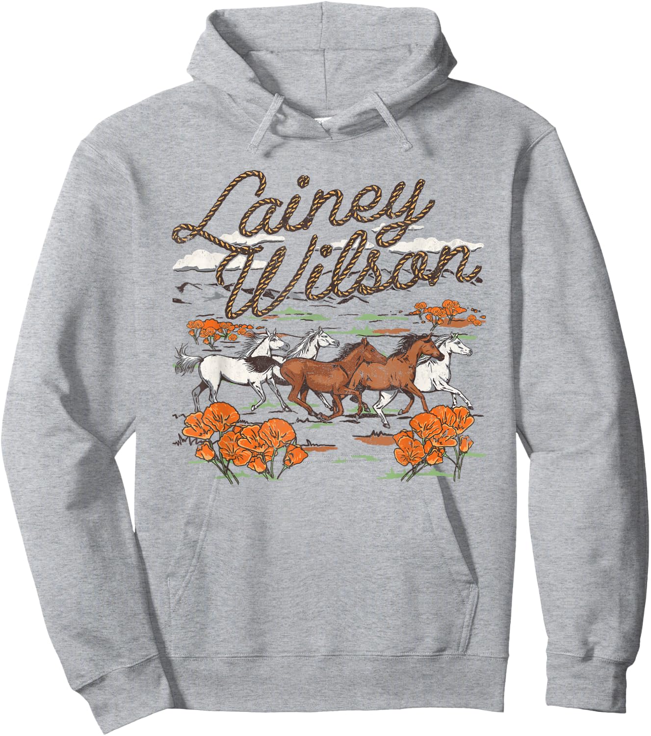 Lainey Wilson Official Wild Horses , -Adults, Grey, Small, Short Sleeve, Regular Fit, Cotton Blend Hoodie - Hoodie | Ash
