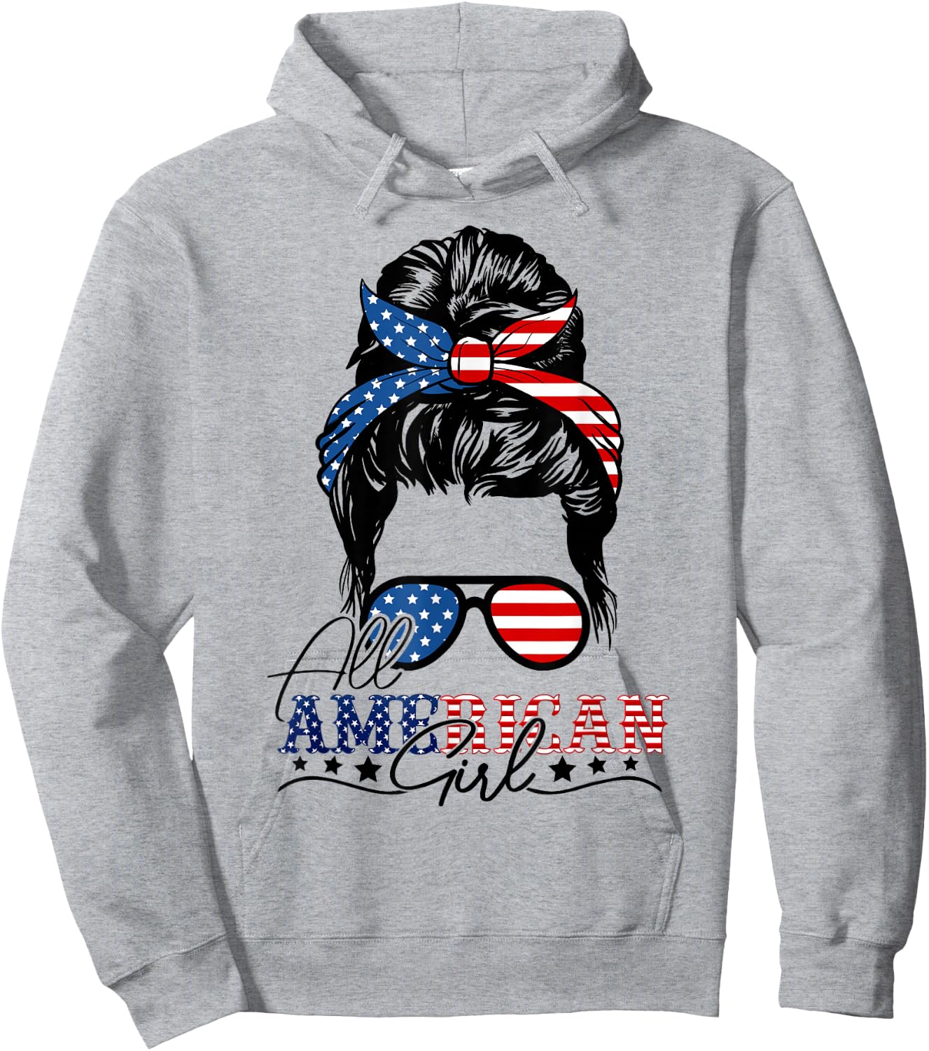 4th of July Messy Bun All American Girls USA Flag For Girls Hoodie - Hoodie | Ash