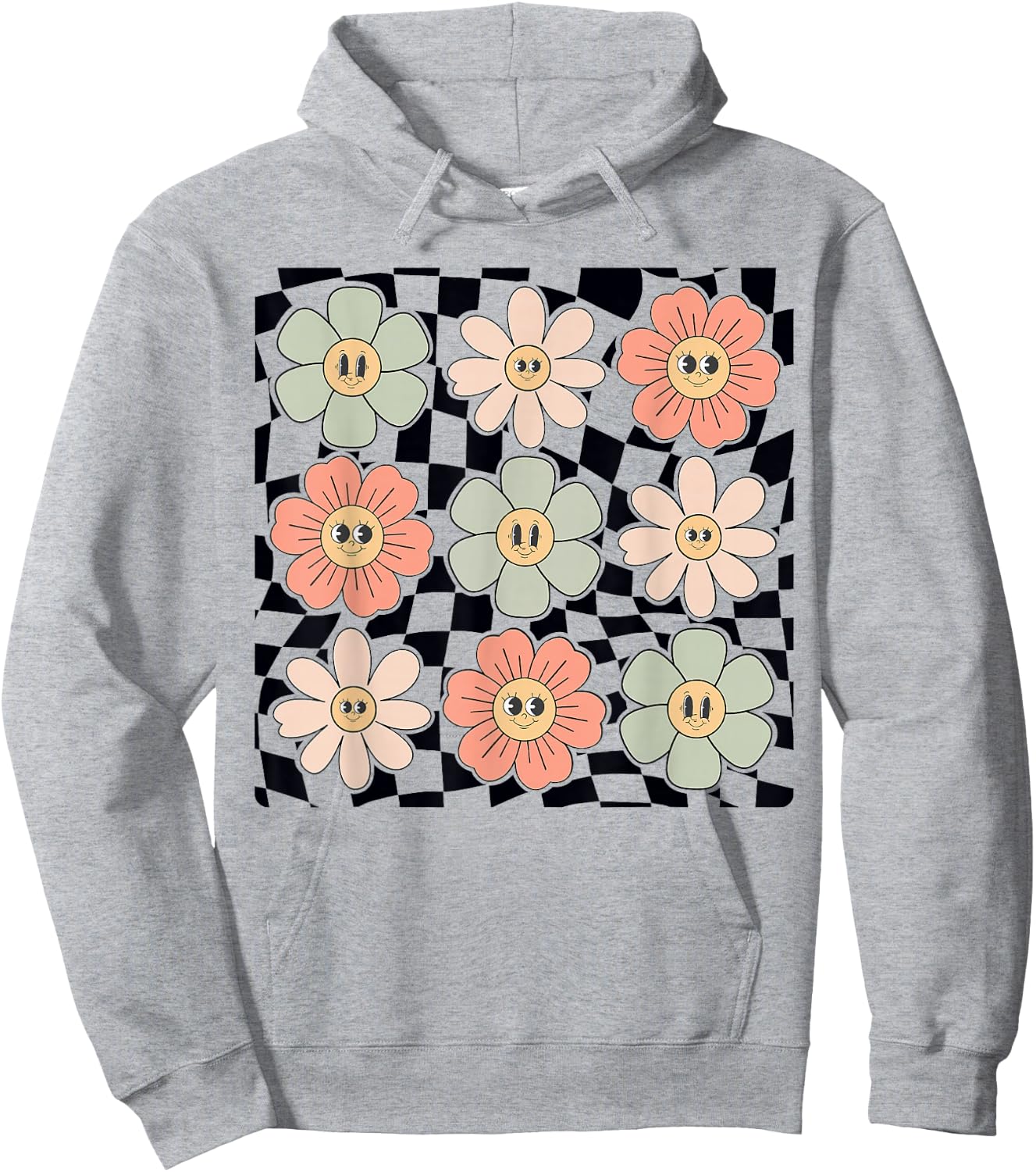 Retro Colorful Checkered Pattern Checkerboard Daisy Flowers Hoodie - Hoodie | Ash