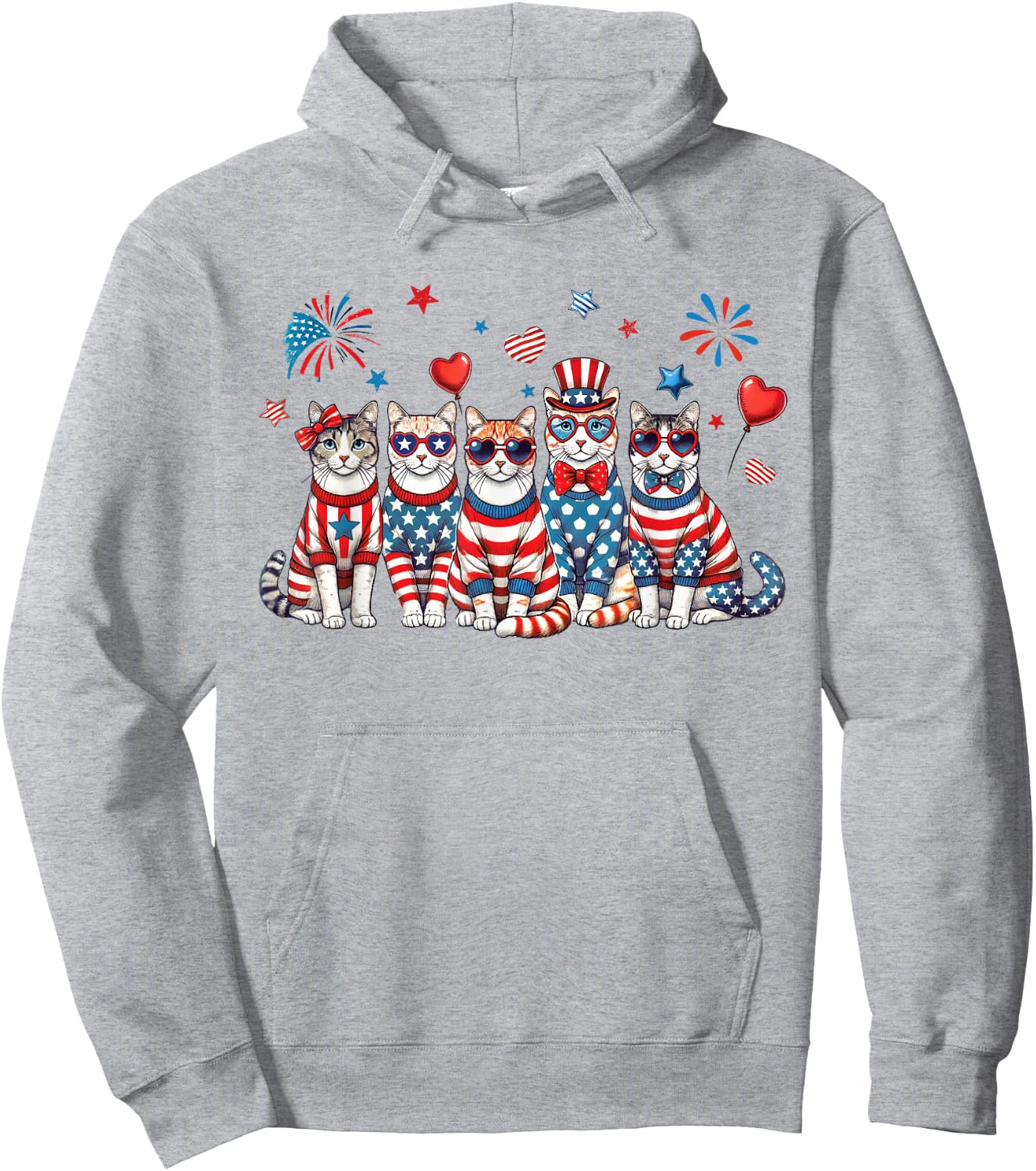 Patriotic Cats Wearing Red White Blue Glasses Fireworks USA Hoodie - Hoodie | Ash