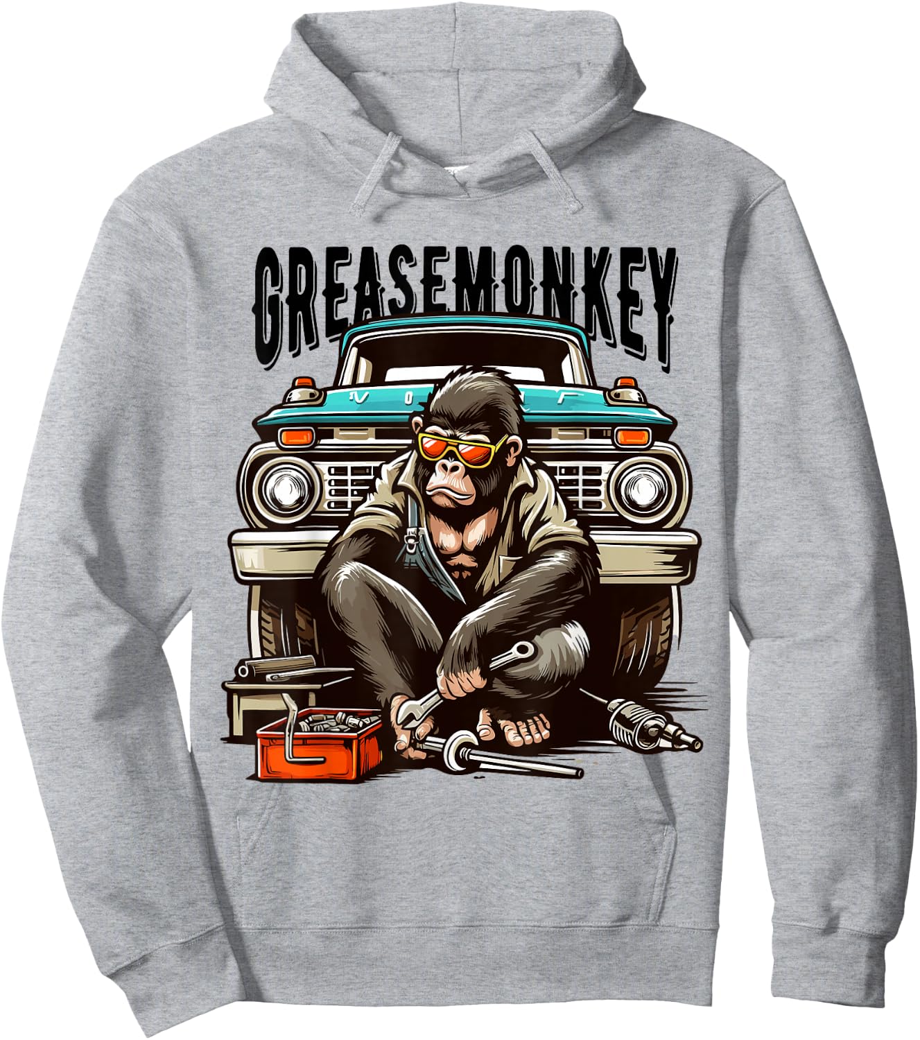 Cool Grease Monkey with Sunglasses Working on Vintage Truck Hoodie - Hoodie | Ash