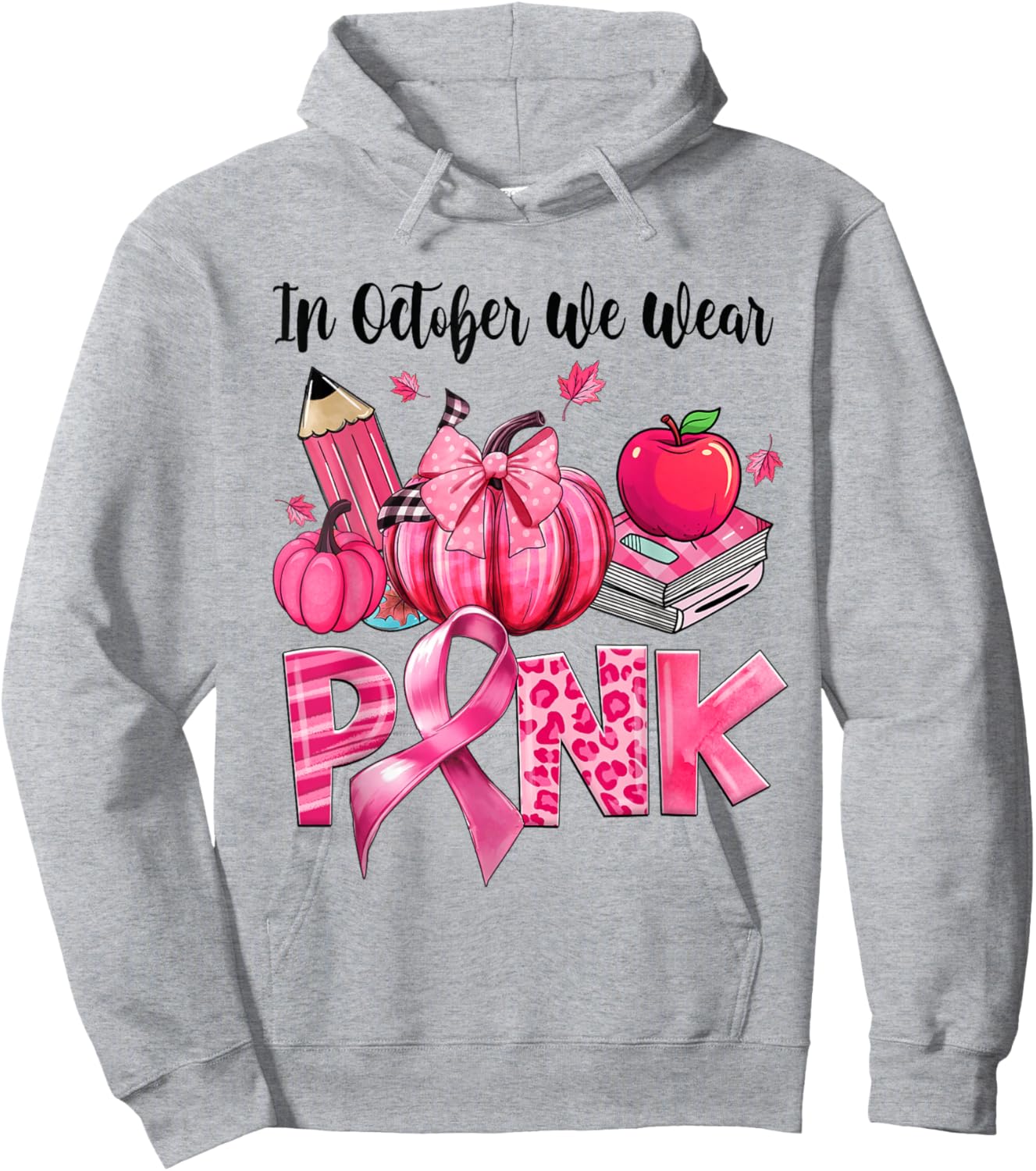 In October We Wear Pink Apple Teacher Pumpkin Breast Cancer Hoodie - Hoodie | Ash