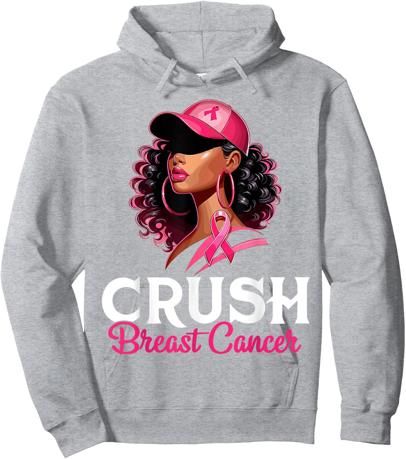 Crush Breast Cancer Awareness Black Afro Woman Pink Ribbon Hoodie - Hoodie | Ash