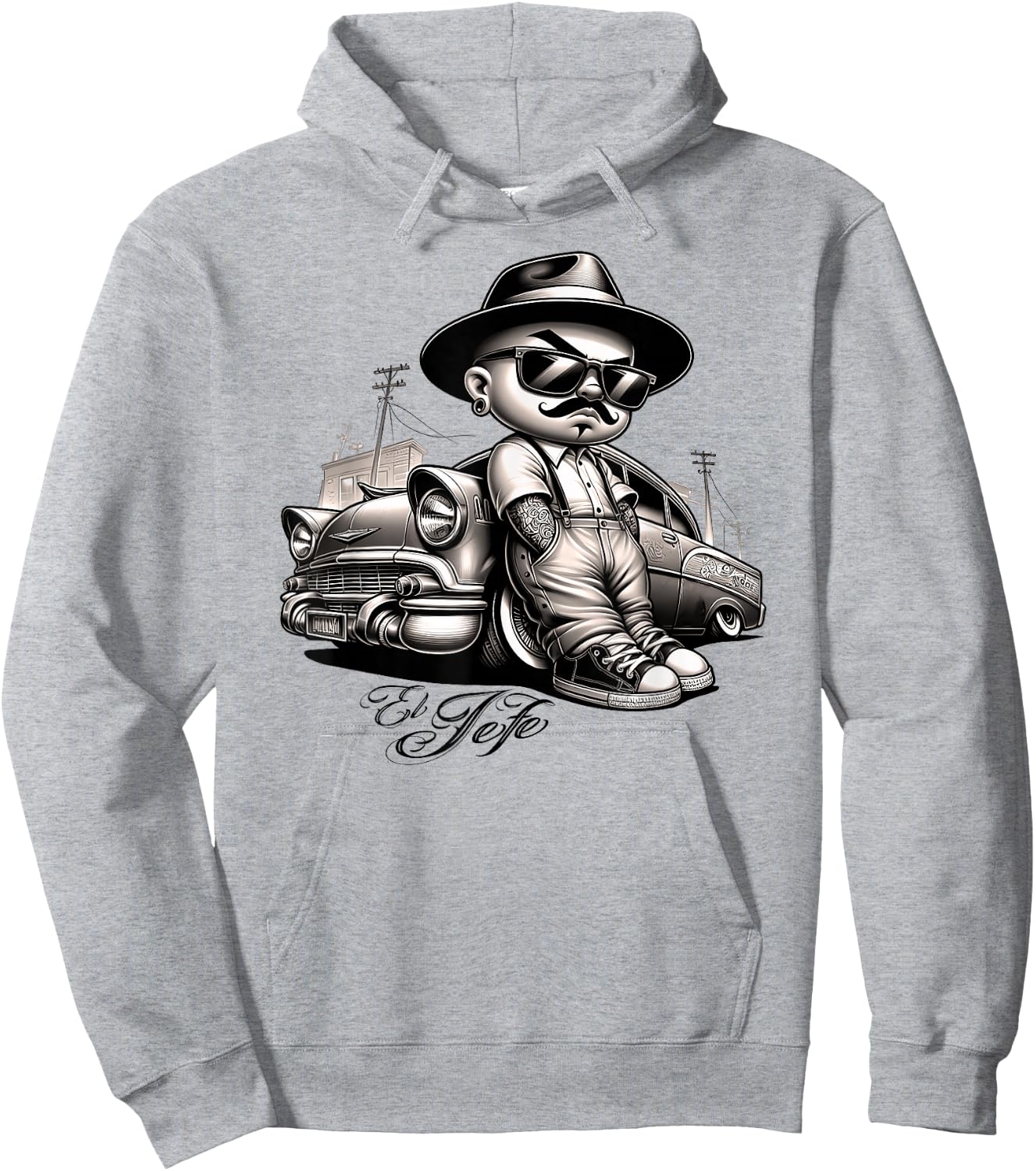 EL JEFE Bomba Lowrider Chicano Homie Tattoo Cholo Pachuco Hoodie - Hoodie | Ash