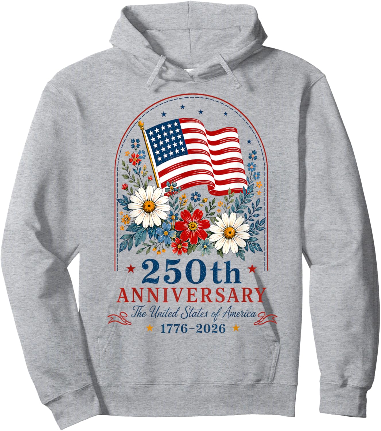 USA 250th Anniversary Floral American Flag 4th of July Hoodie - Hoodie | Ash