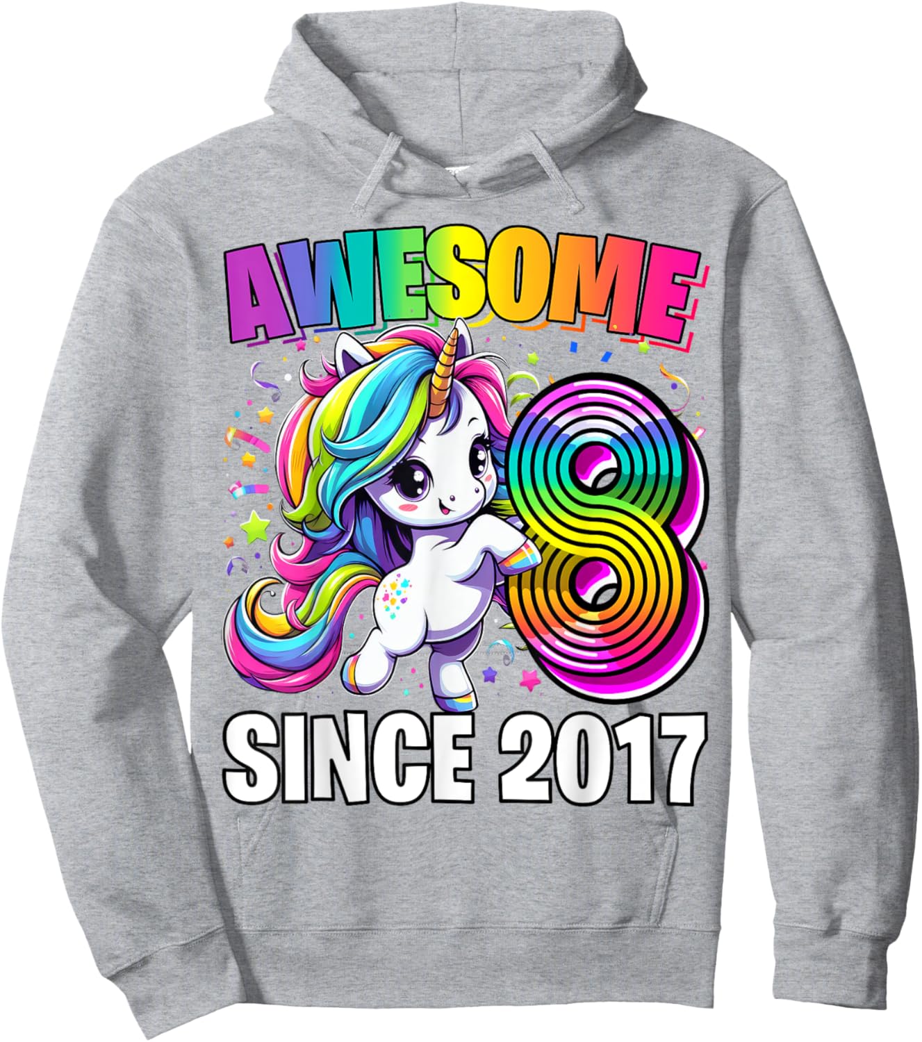 Unicorn 8th Birthday 8 Year Old Unicorn Party Girls Outfit Hoodie - Hoodie | Ash