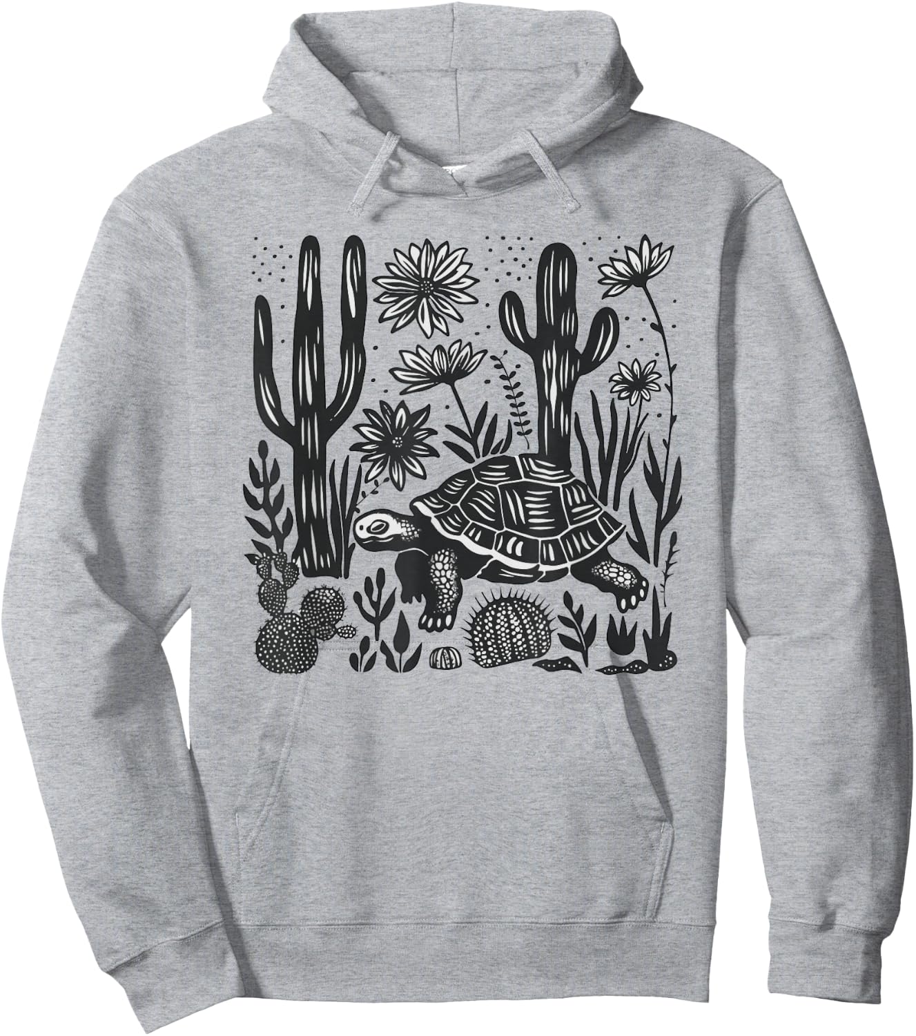 Mexican Linocut Print Mojave Desert Tortoise Cacti Landscape Hoodie - Hoodie | Ash