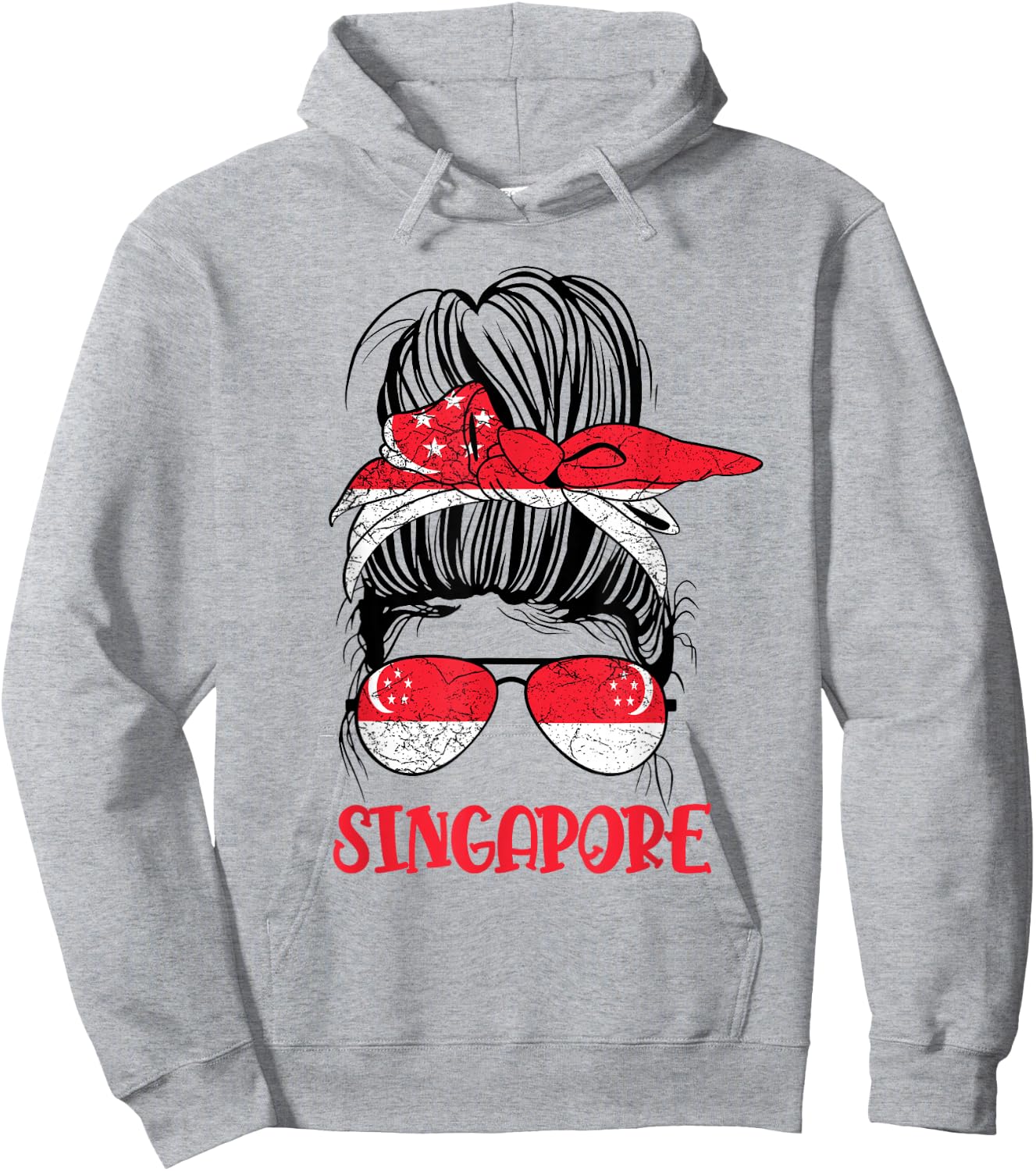 Singaporean Girl Messy bun Kids Women Singapore flag Vintage Hoodie - Hoodie | Ash
