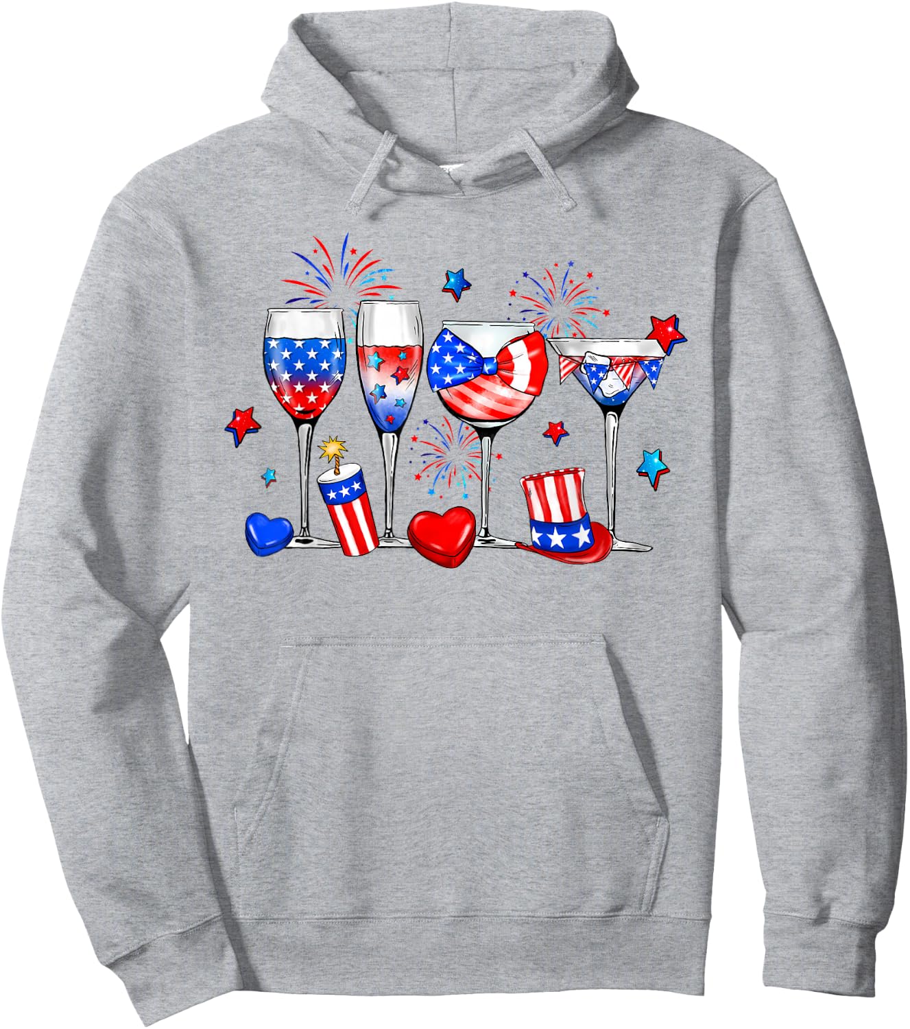 Wine Glasses 4th Of July Drinking Red White Blue USA Flag Hoodie - Hoodie | Ash