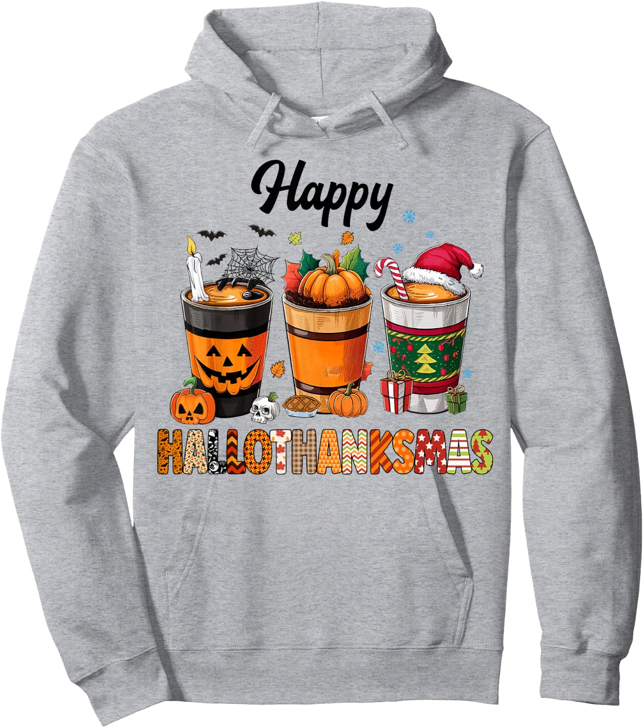 Happy Hallothanksmas Halloween Coffee Latte Thanksgiving Hoodie - Hoodie | Ash