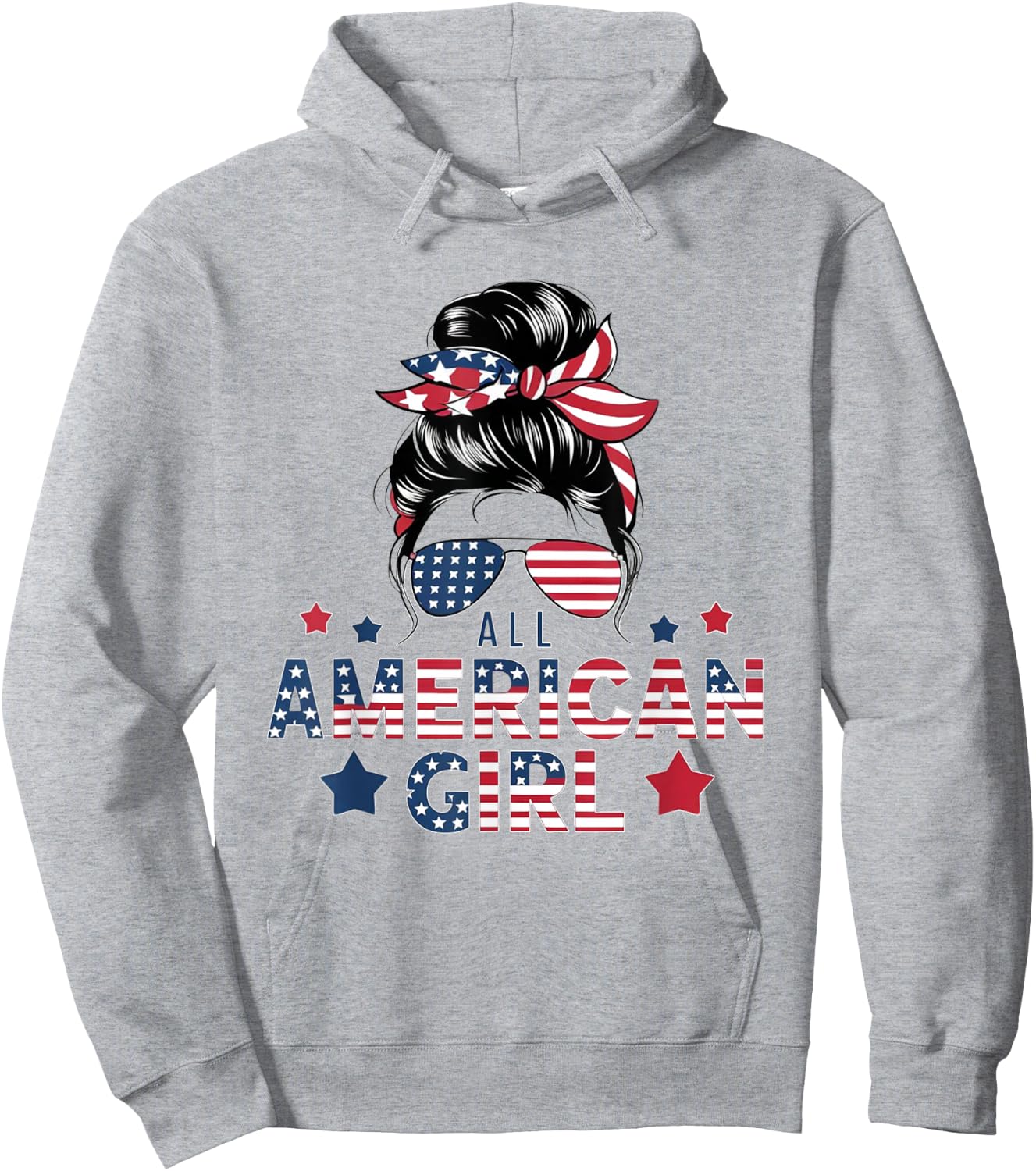 4th of July All American Girls Messy Bun Women USA Flag Hoodie - Hoodie | Ash