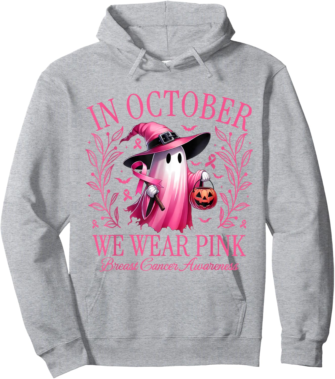 In October We Wear Pink Breast Cancer Awareness Halloween Hoodie - Hoodie | Ash