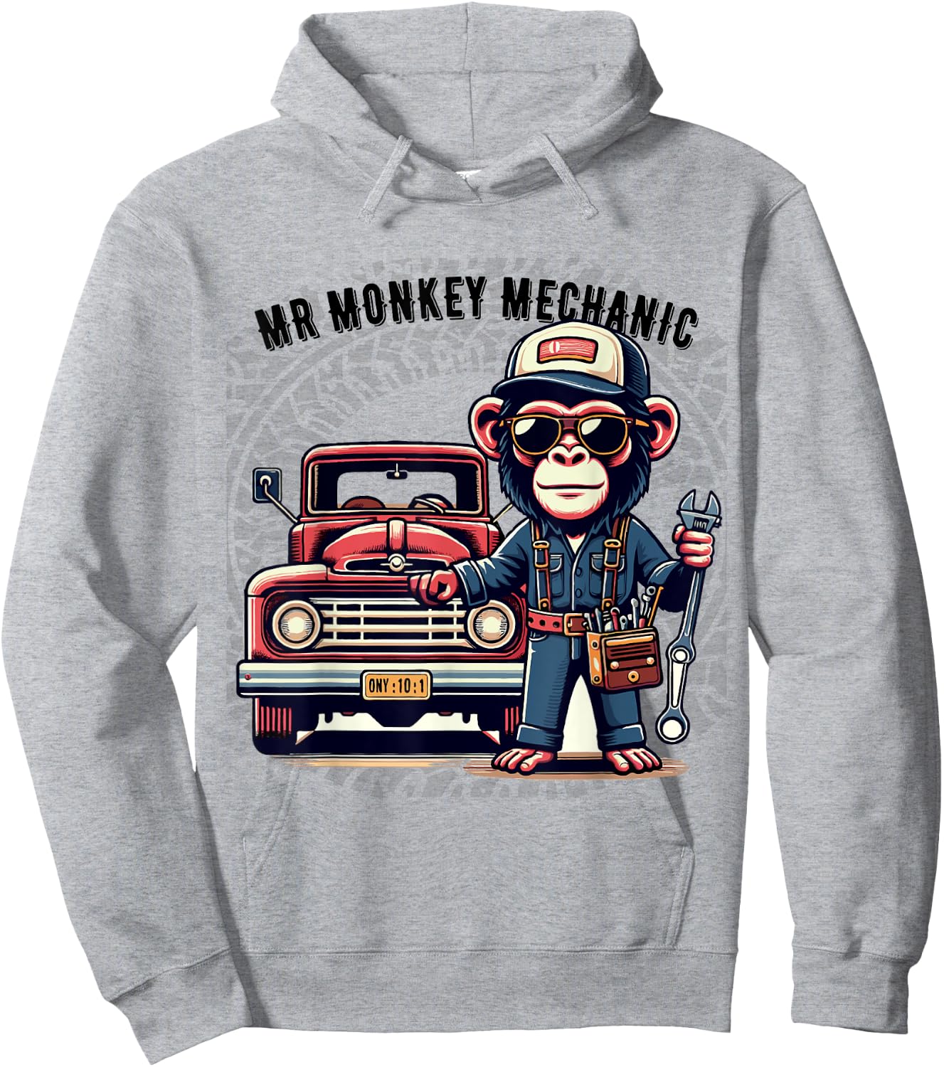 Mr Cute Monkey Mechanic Sunglasses Working on Vintage Truck Hoodie - Hoodie | Ash
