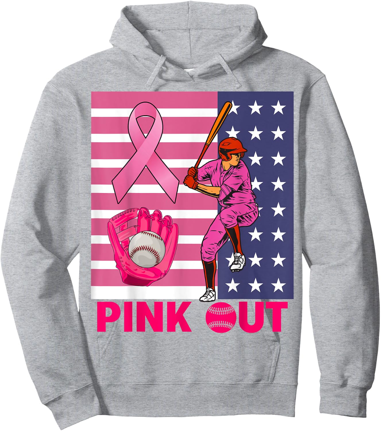 Pink Out Ribbon Baseball Breast Cancer Awareness Hoodie - Hoodie | Ash