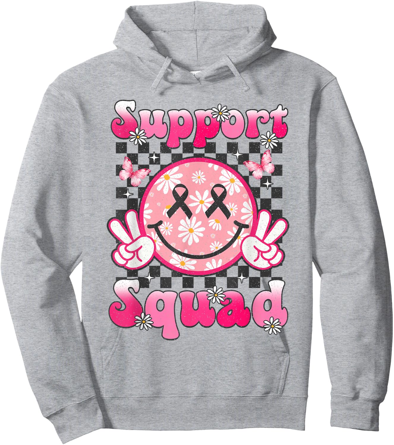 Support Squad Breast Cancer Awareness Smile Face Pink Ribbon Hoodie - Hoodie | Ash