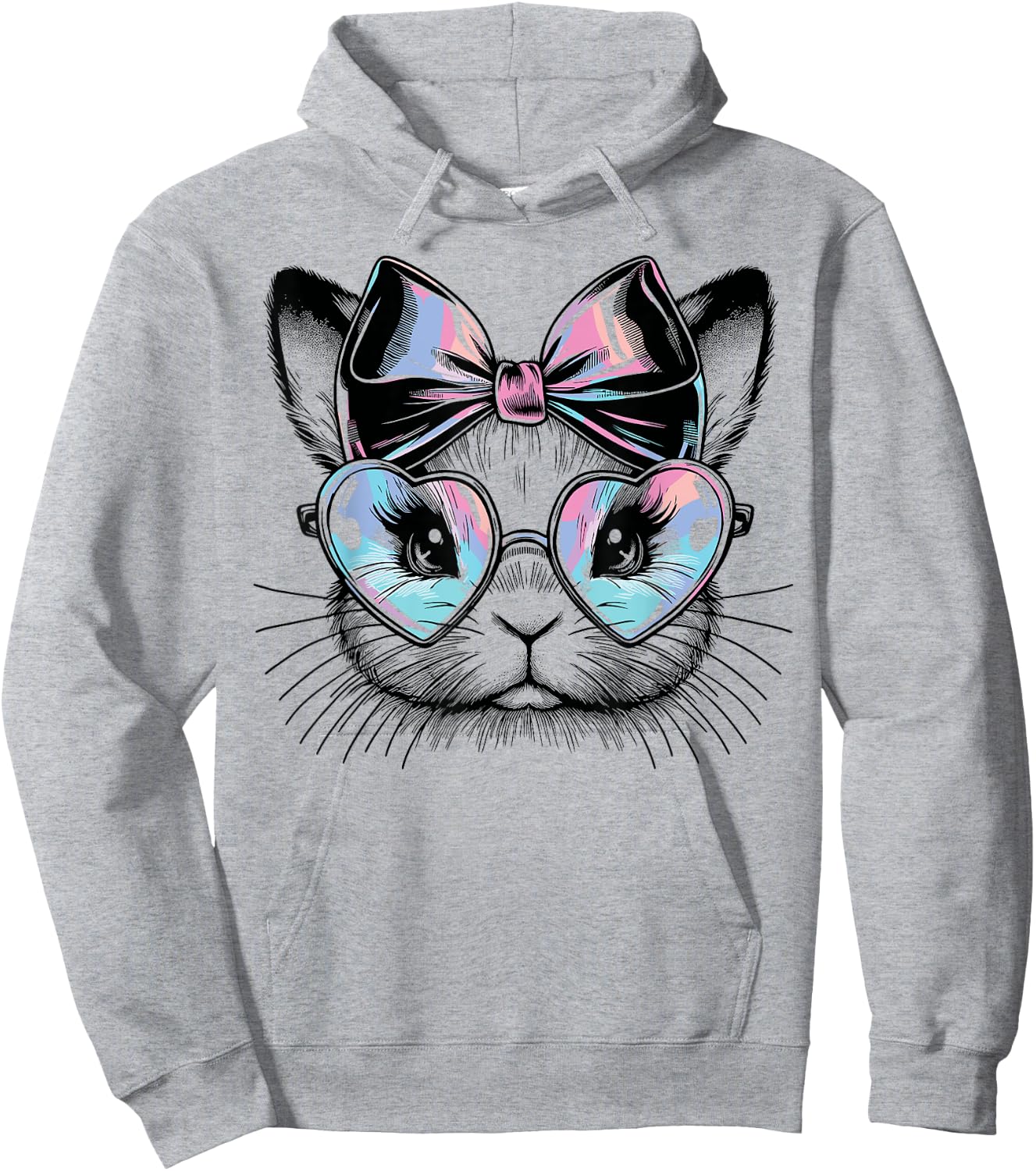 Cute Rabbit with Heart-Shaped Glasses and Bow Hoodie - Hoodie | Ash