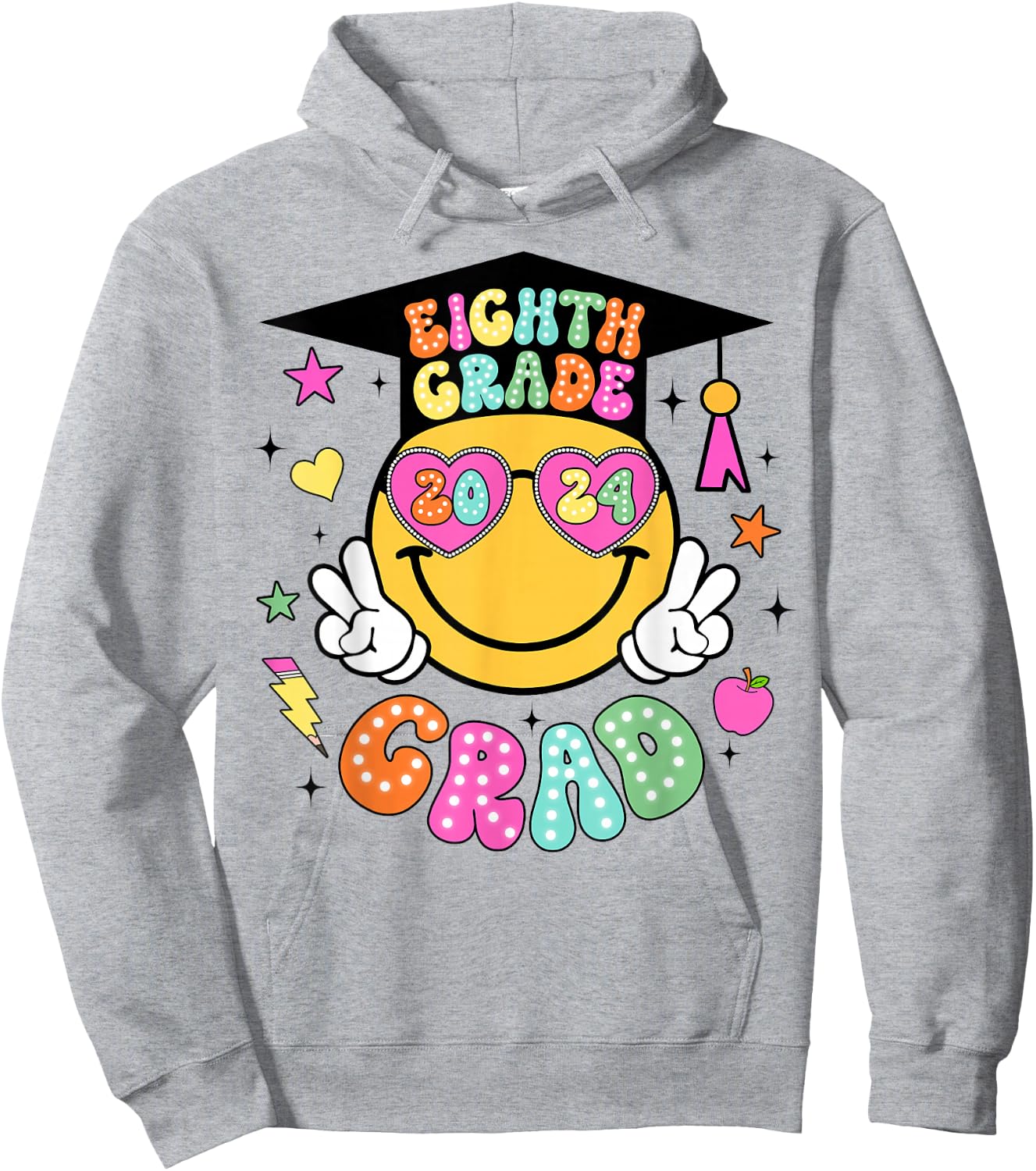Groovy 8th Grade Graduate Happy Face Graduation 2024 Grad Hoodie - Hoodie | Ash