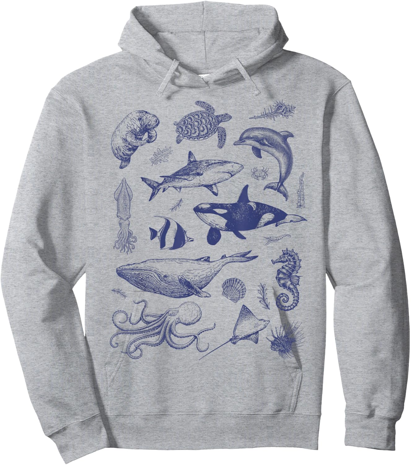 Ocean Wildlife Vintage Shark Turtle Octopus Graphic Hoodie - Hoodie | Ash