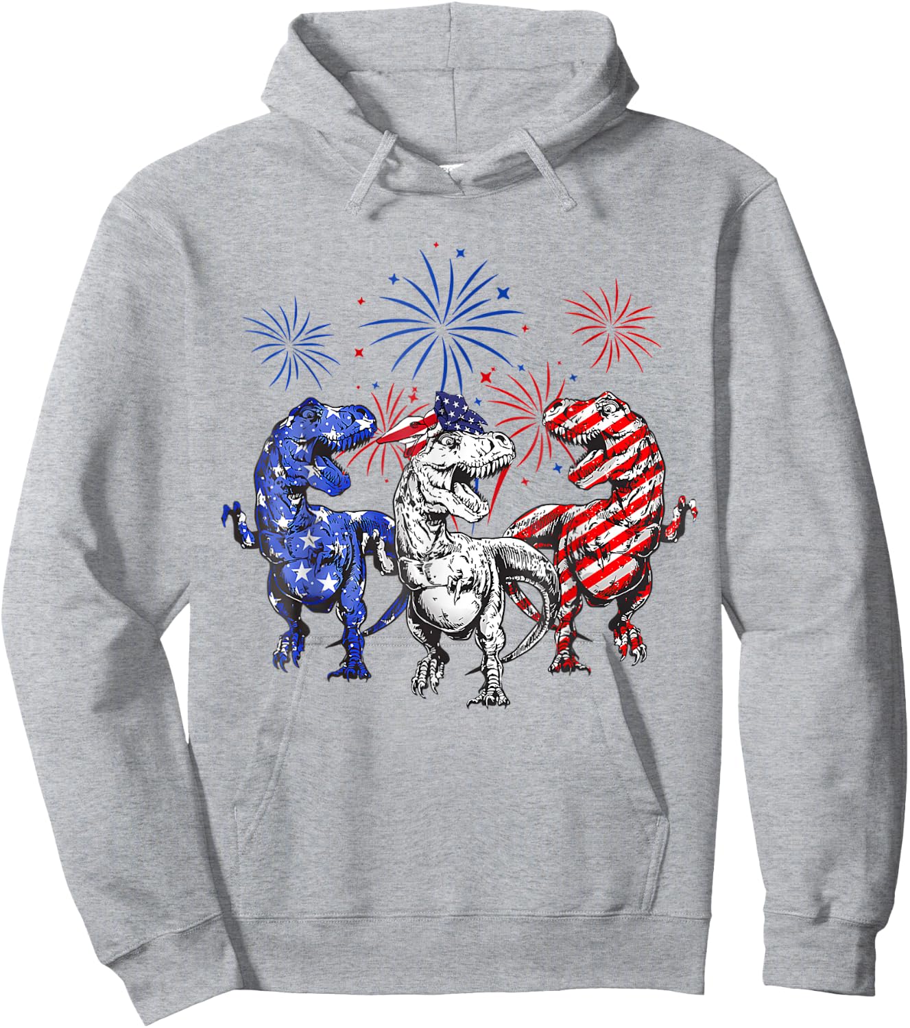 Red White Blue T Rex Dinosaur Firework 4th Of July Kids Men Hoodie - Hoodie | Ash