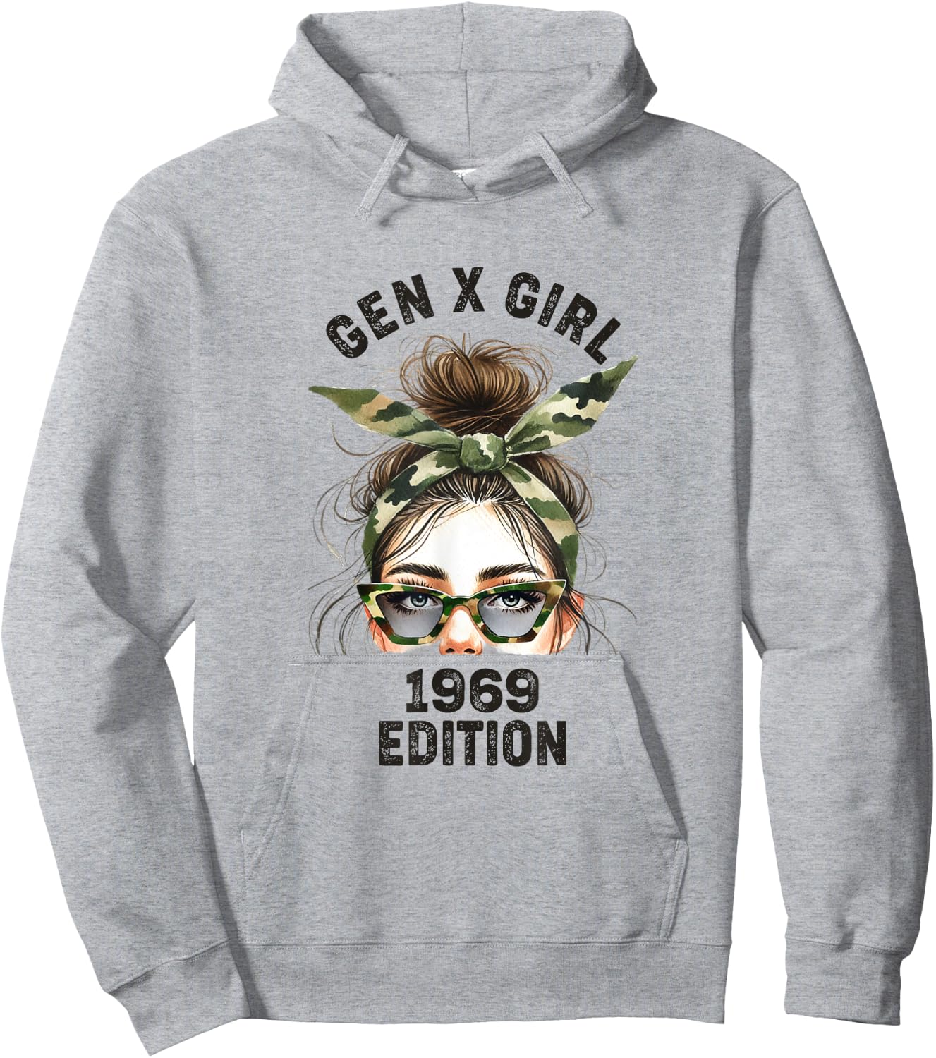 Gen X Girl 1969 Edition Retro Camouflage Headband messy bun Hoodie - Hoodie | Ash