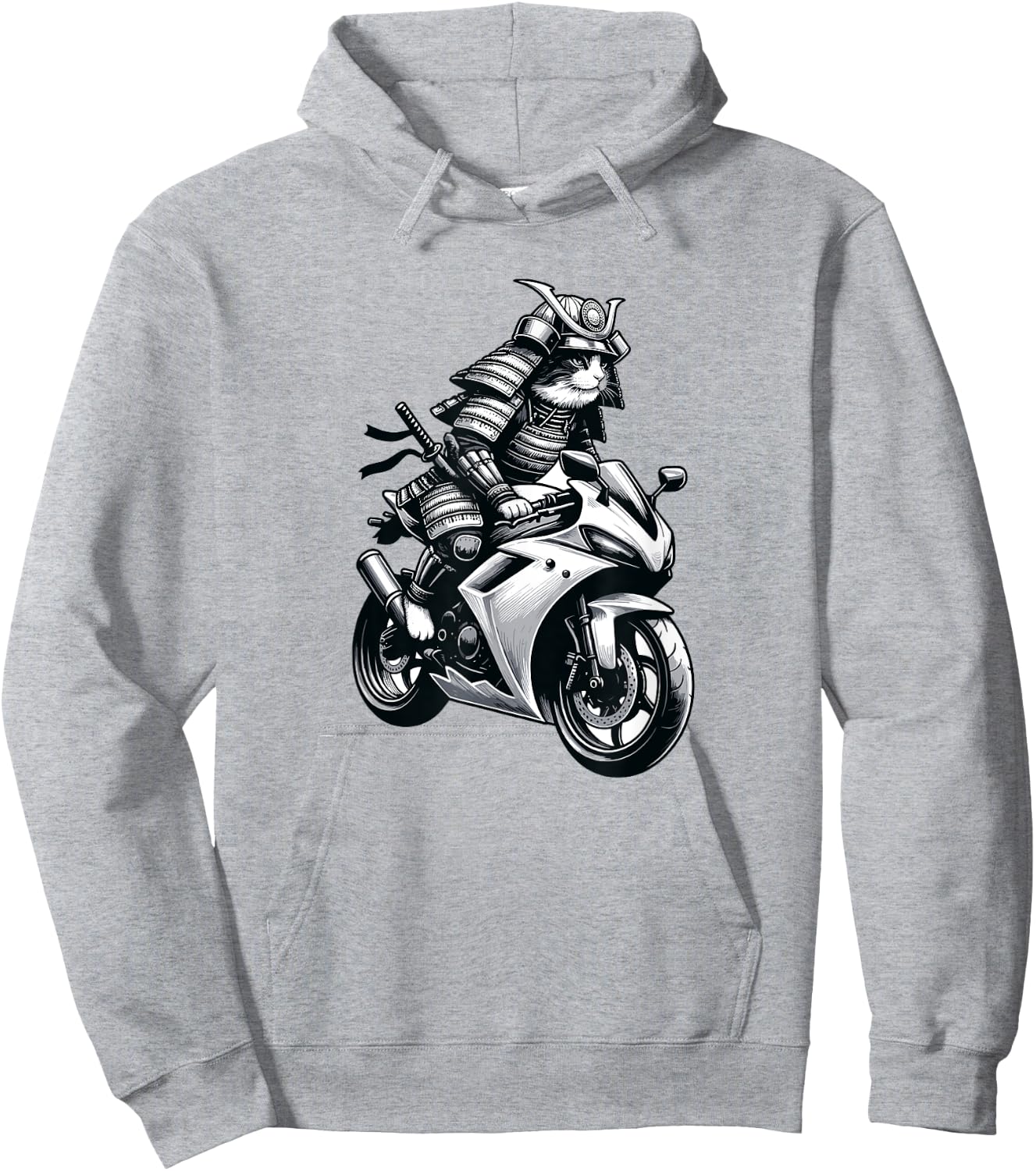 Japanese Samurai Ninja Cat Riding a Motorcycle Crotch Rocket Men Women Hoodie - Hoodie | Ash