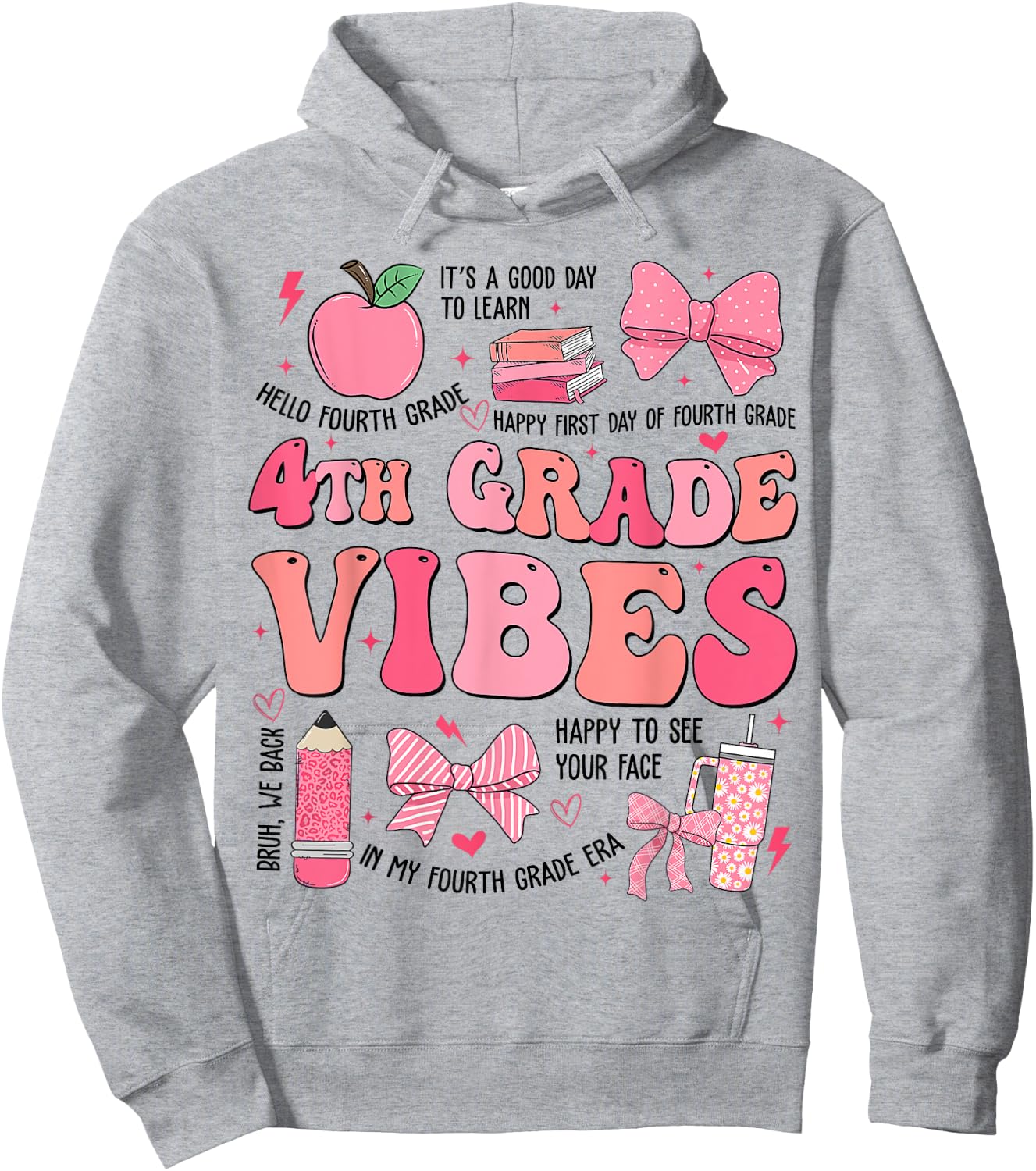 Girls 4th Grade Vibes Coquette Bow Back to School Teacher Hoodie - Hoodie | Ash