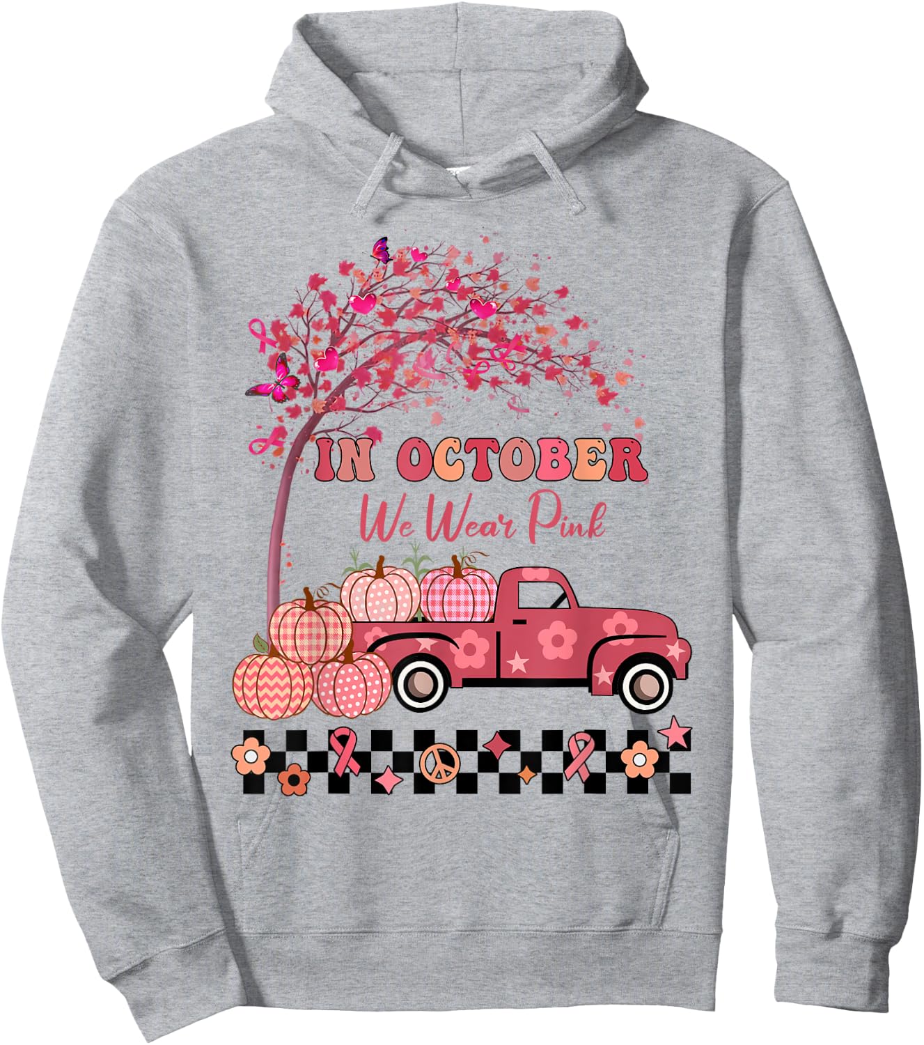 In October We Wear Pink Truck Breast Cancer Awareness Gifts Hoodie - Hoodie | Ash