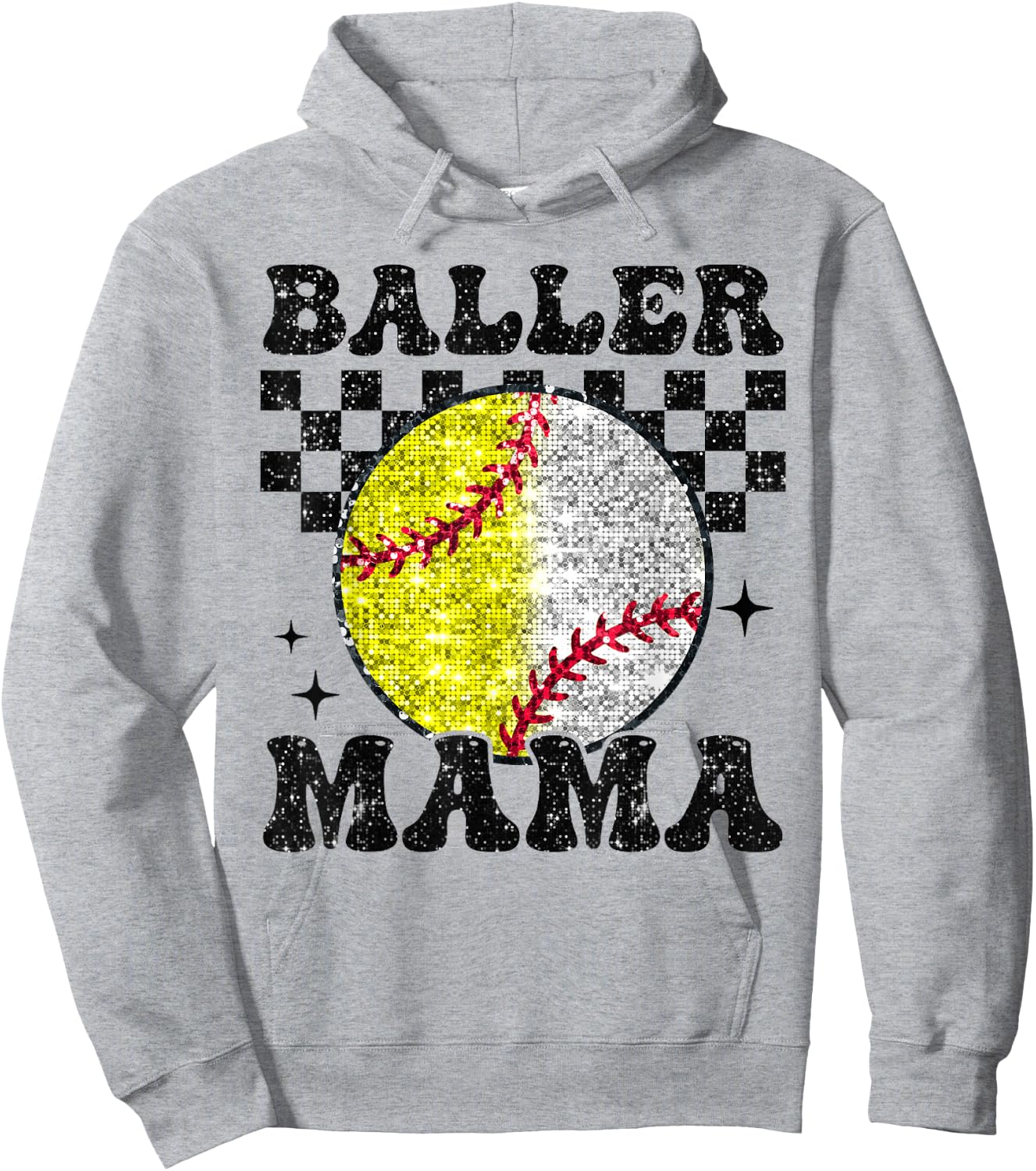 Baller Mama Checkered Retro Proud Softball Baseball Player Hoodie - Hoodie | Ash