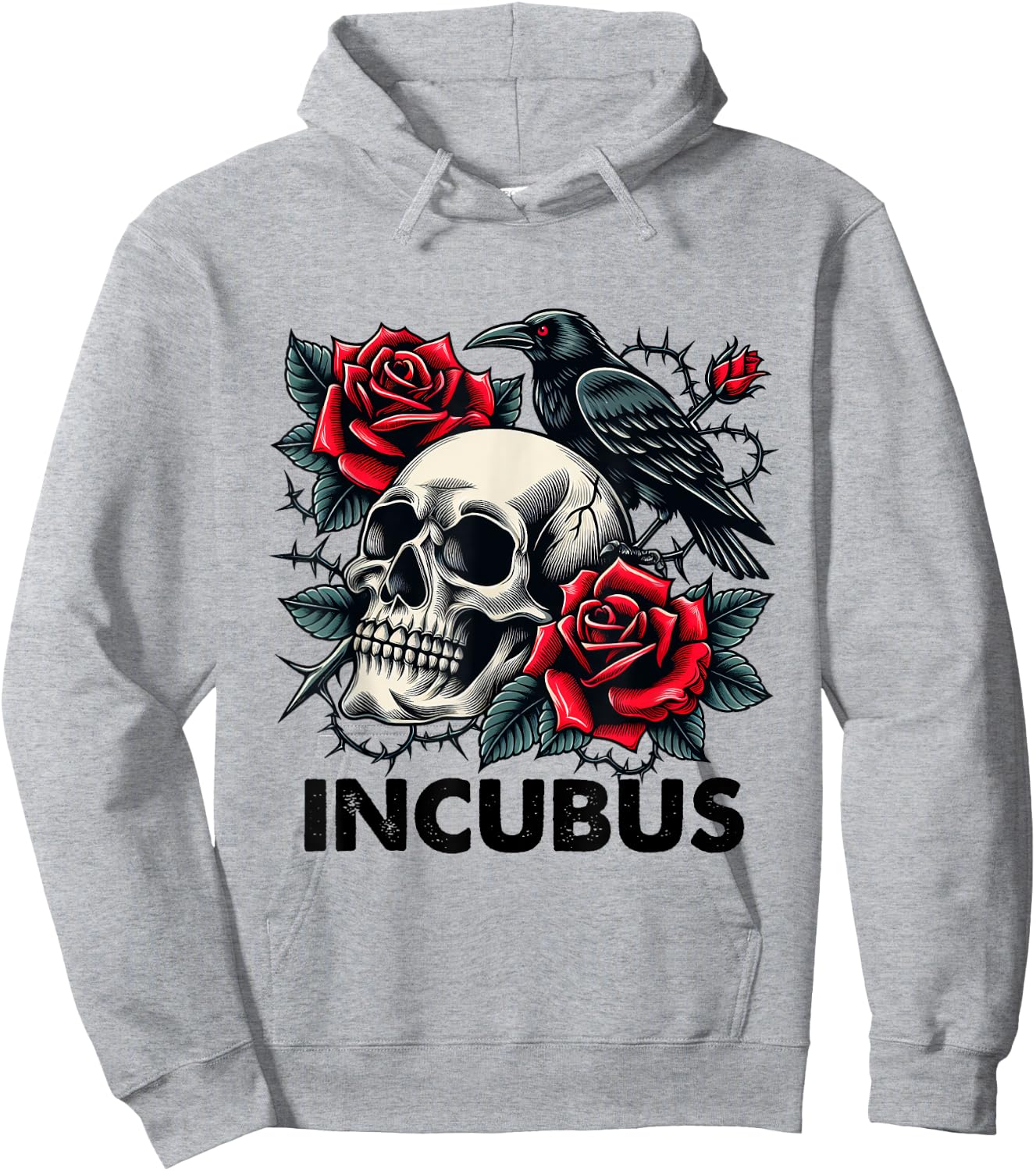 Retro Halloween Graphic Incubus-Crow Left Skull And Flower Hoodie - Hoodie | Ash