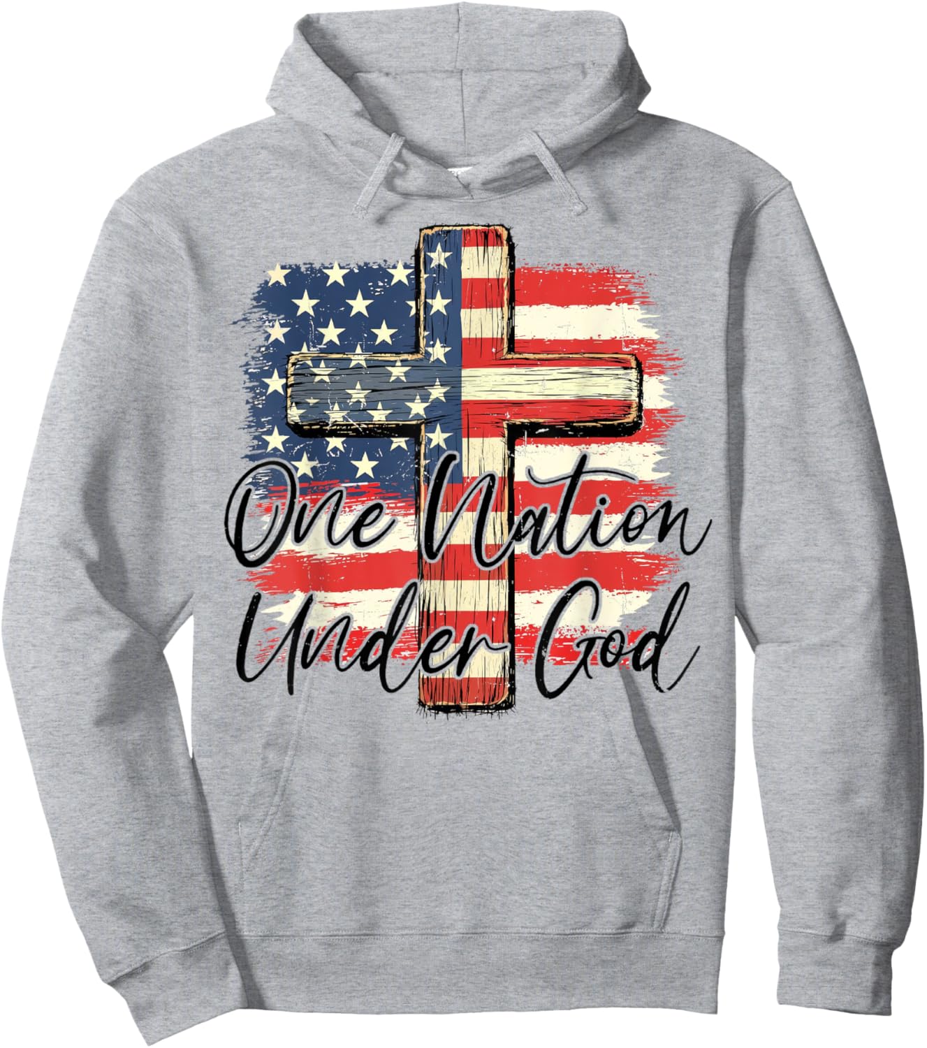 One Nation Under God Cross American Flag 4th Of July Hoodie - Hoodie | Ash