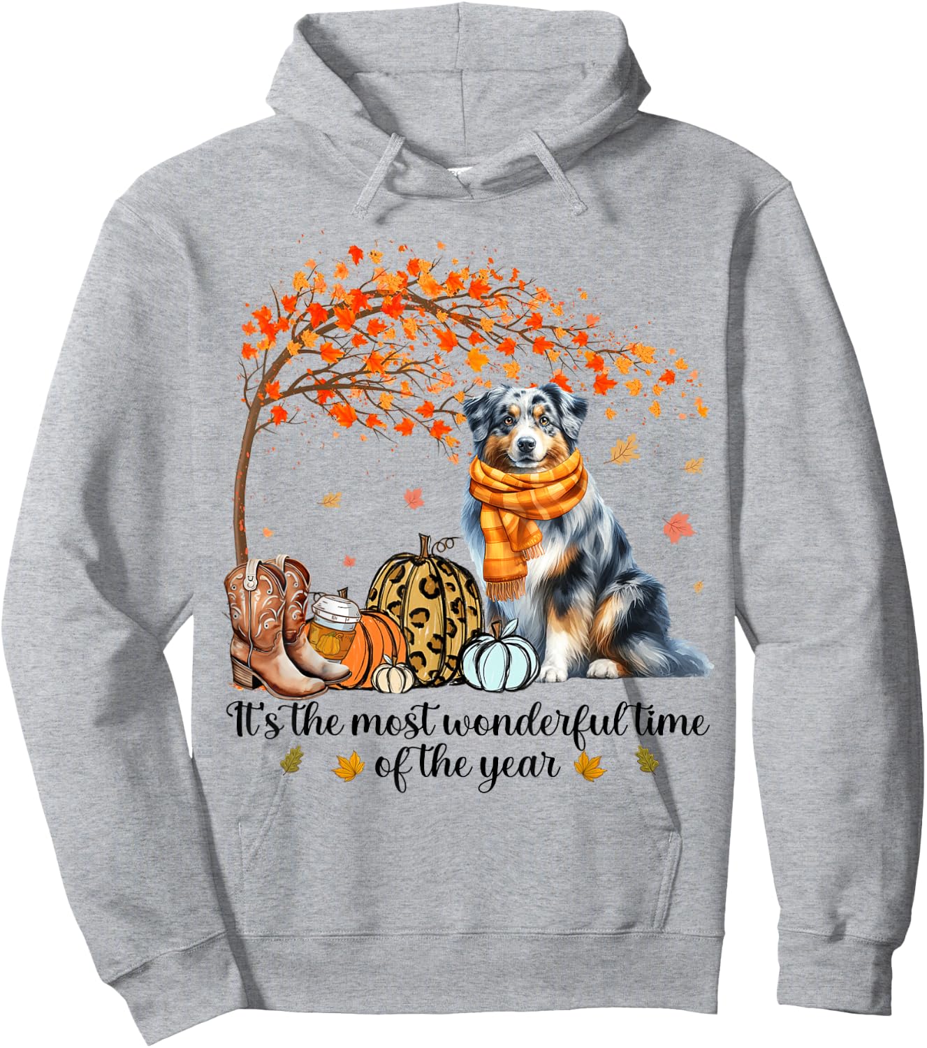 Fall Maple Tree Print Dog Lover Happy Thanksgiving Australian Shepherd Autumn Fall Hoodie - Hoodie | Ash
