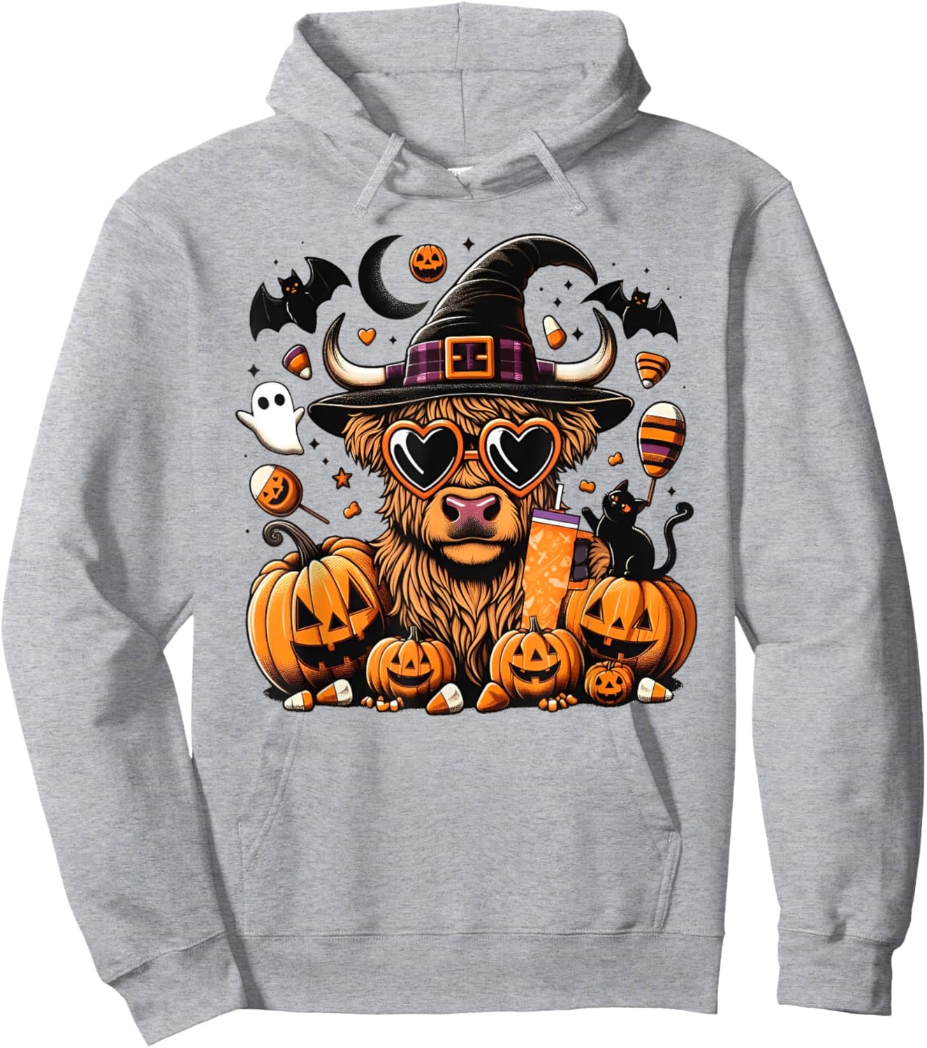 Halloween Highland Cow Witchy Cow Spooky Pumpkin Hello Fall Hoodie - Hoodie | Ash