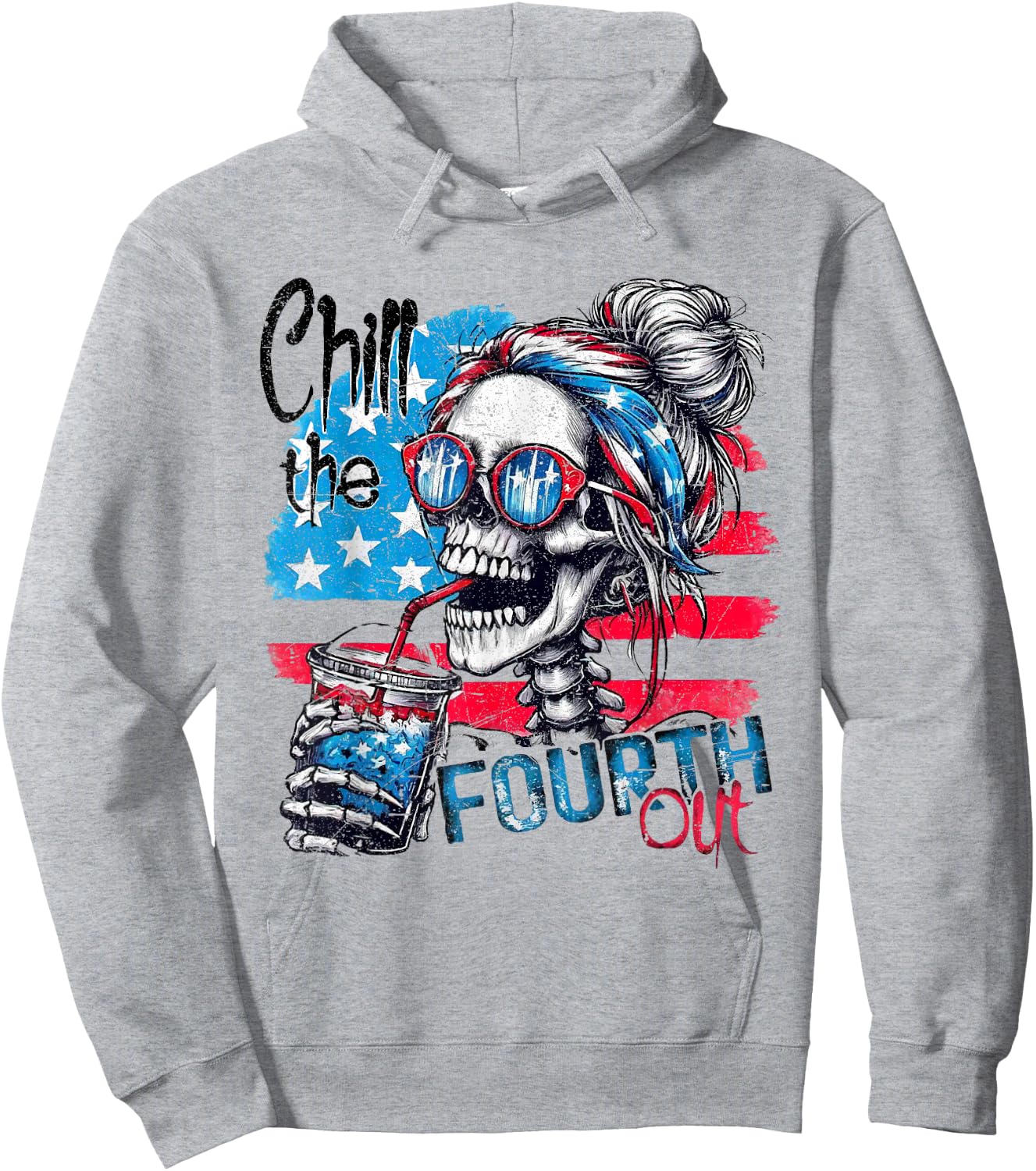 Funny Skeleton US Flag 4th of July Cute Chill The Fourth Out Hoodie - Hoodie | Ash