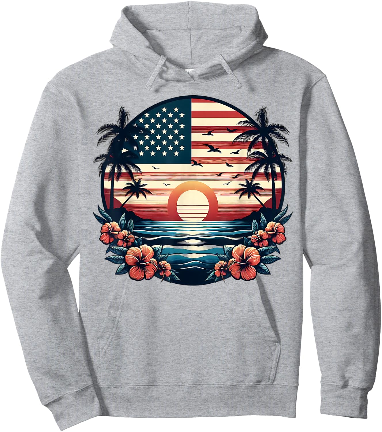 American Flag Palm Trees USA Patriotic 4th of July Summer Hoodie - Hoodie | Ash