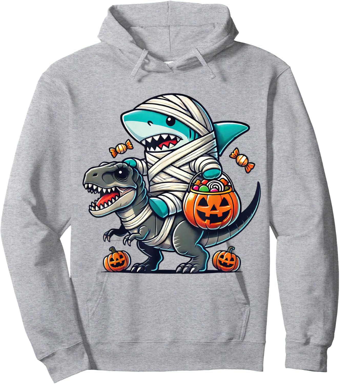 Shark Riding Dinosaur T-rex Funny Halloween Pumpkin Boys Kid Hoodie - Hoodie | Ash