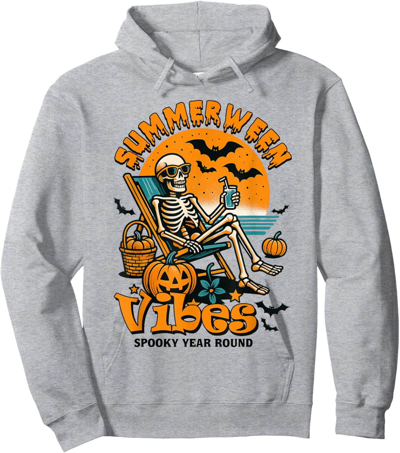 Summerween Vibes Funny Skeleton Spooky Year-round Beach Hoodie - Hoodie | Ash