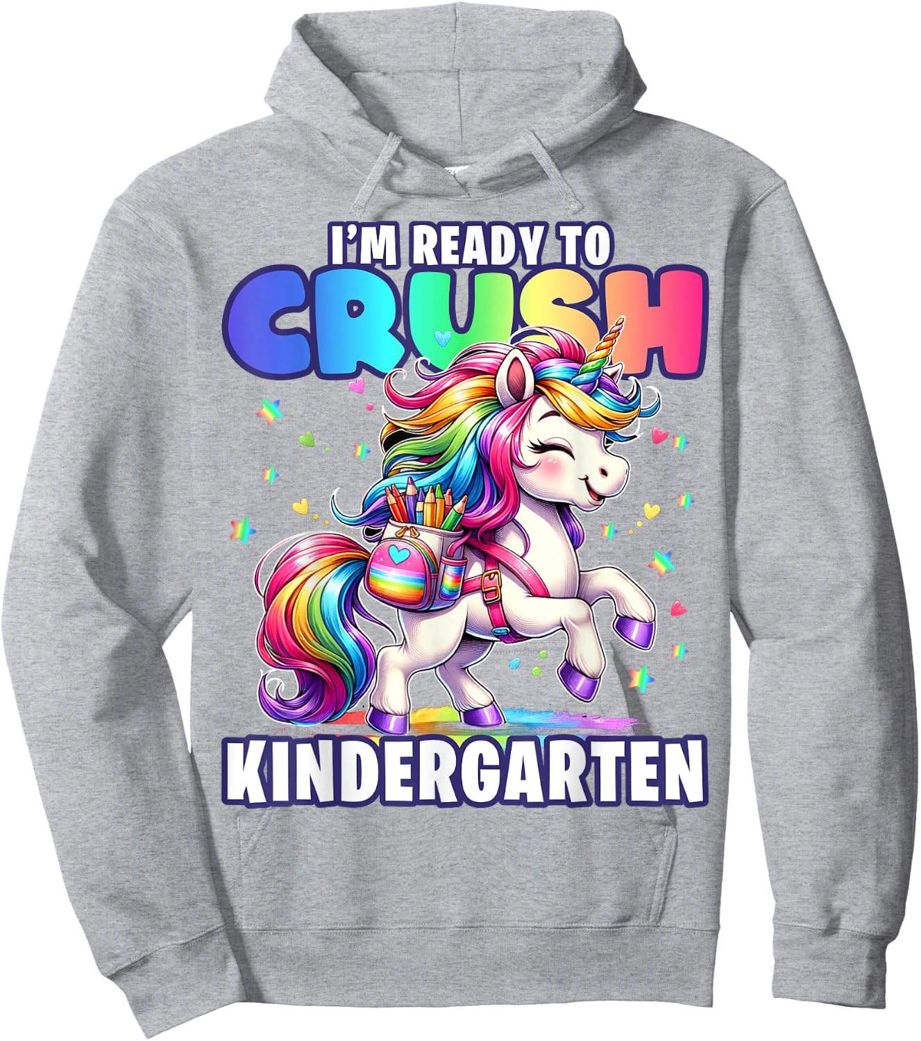 Crush Kindergarten Girls Back to School Unicorn First Day Hoodie - Hoodie | Ash