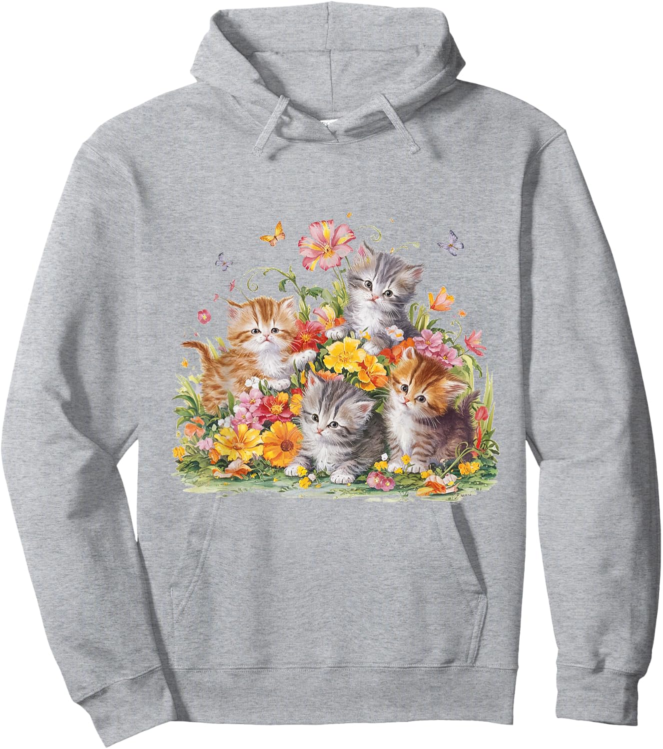 Floral Vintage Aesthetic Painted Kittens and Pressed Flower Hoodie - Hoodie | Ash