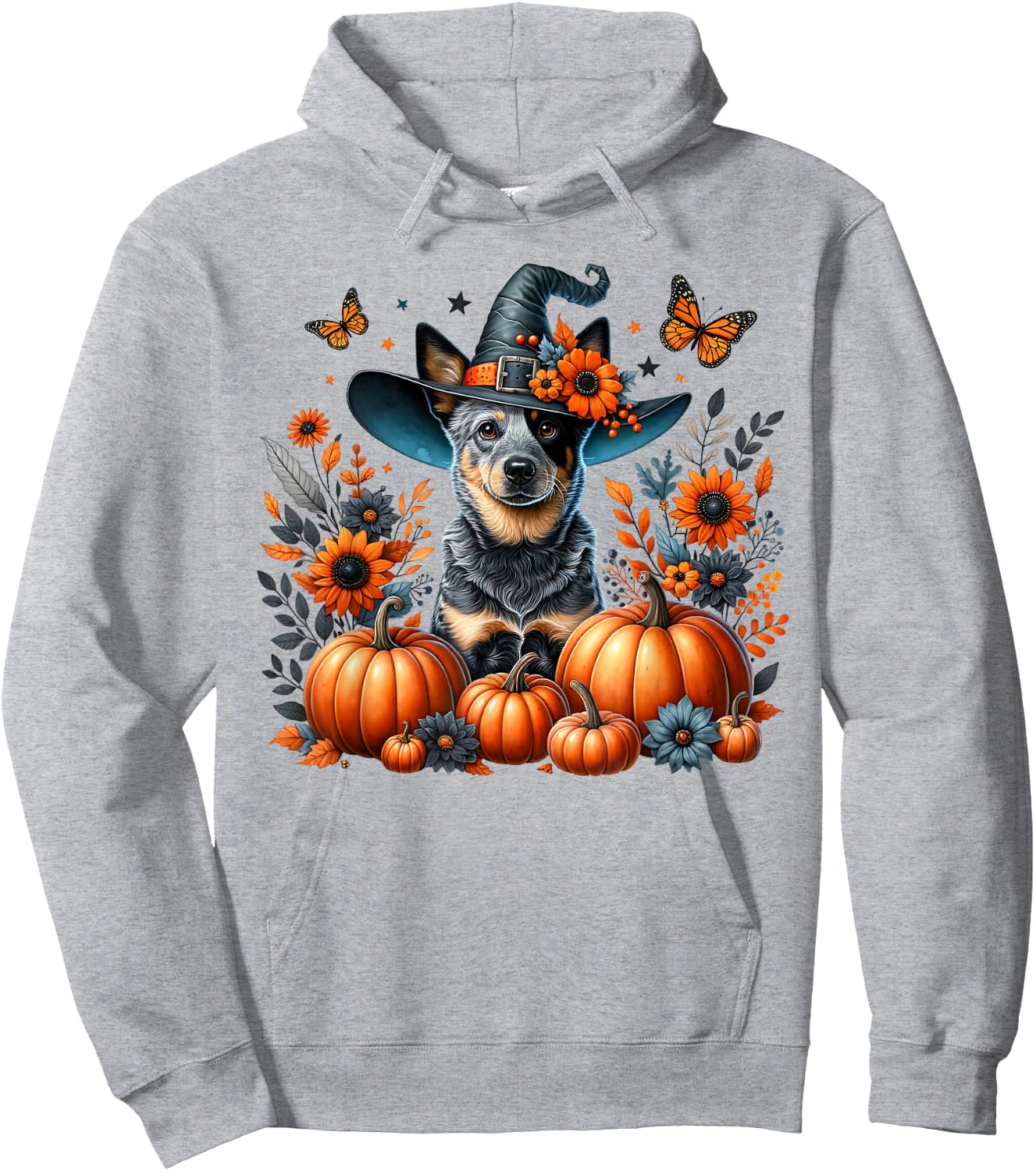 Halloween Blue Heeler Dog Pumpkin Autumn Season Flowers Hoodie - Hoodie | Ash