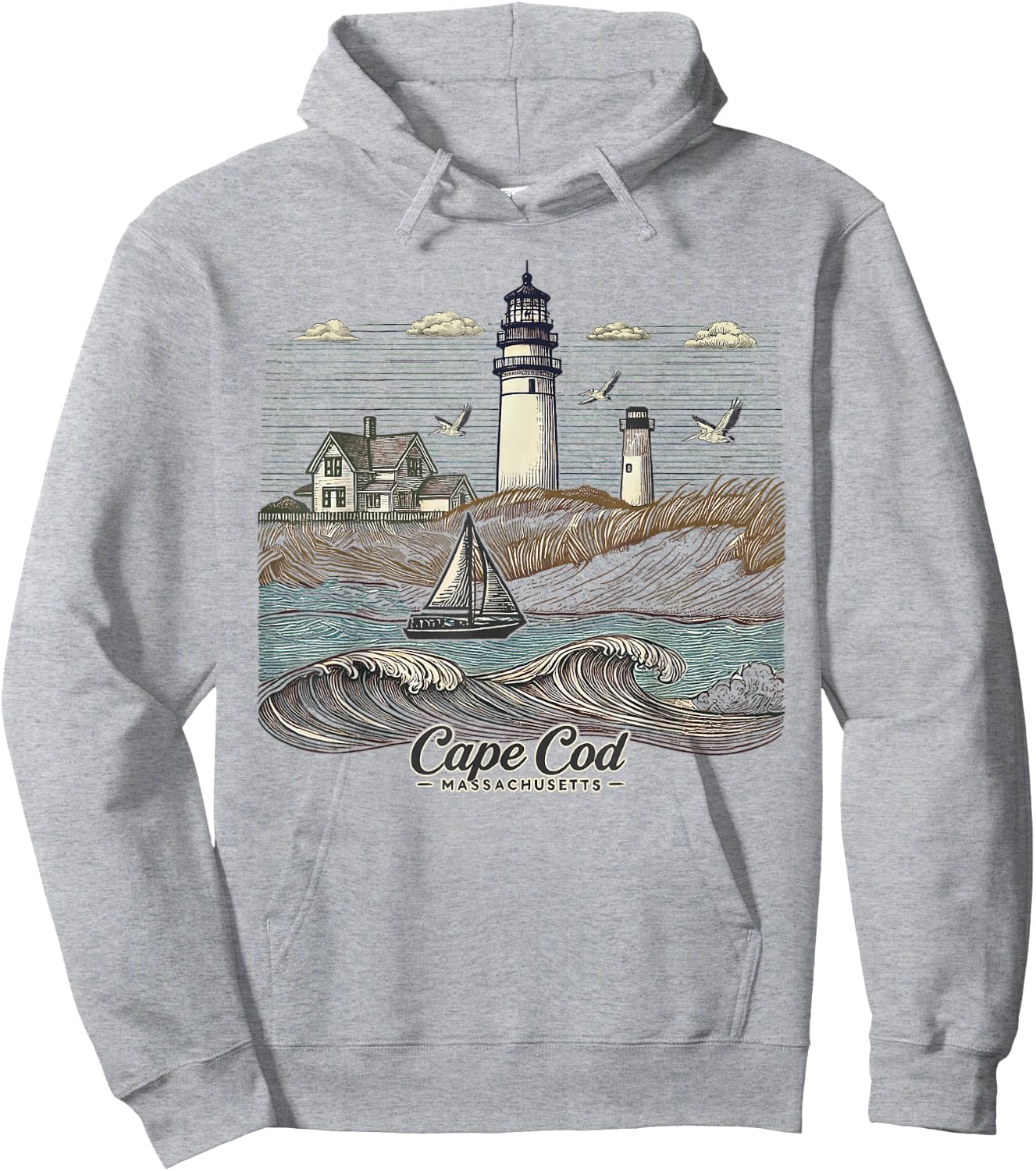 Vintage Cape Cod Massachusetts Nautical Lighthouse Seashore Hoodie - Hoodie | Ash