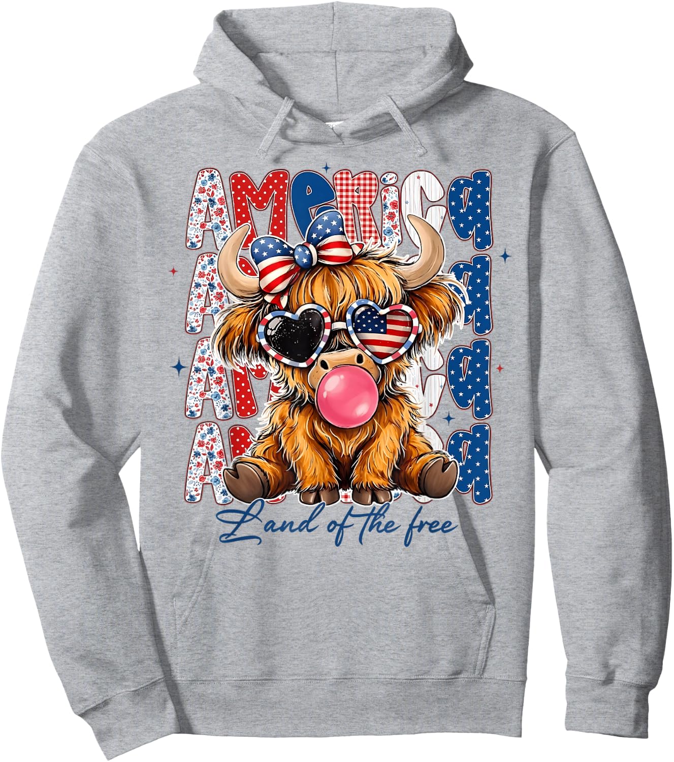 4th of July Highland Cow USA Flag Sunglasses Girl Women Hoodie - Hoodie | Ash
