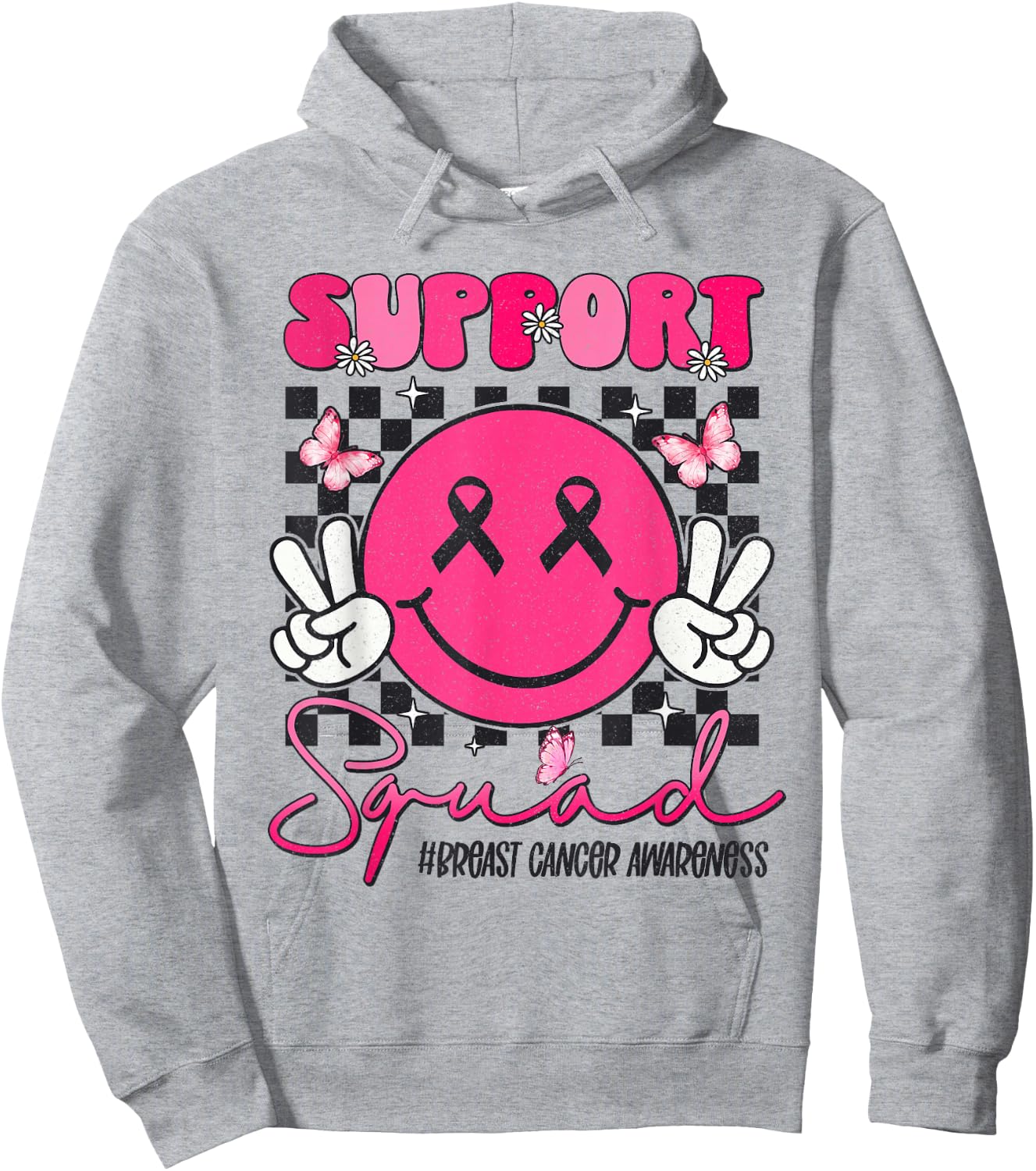 Support Squad Breast Cancer Awareness Smile Face Pink Ribbon Hoodie - Hoodie | Ash