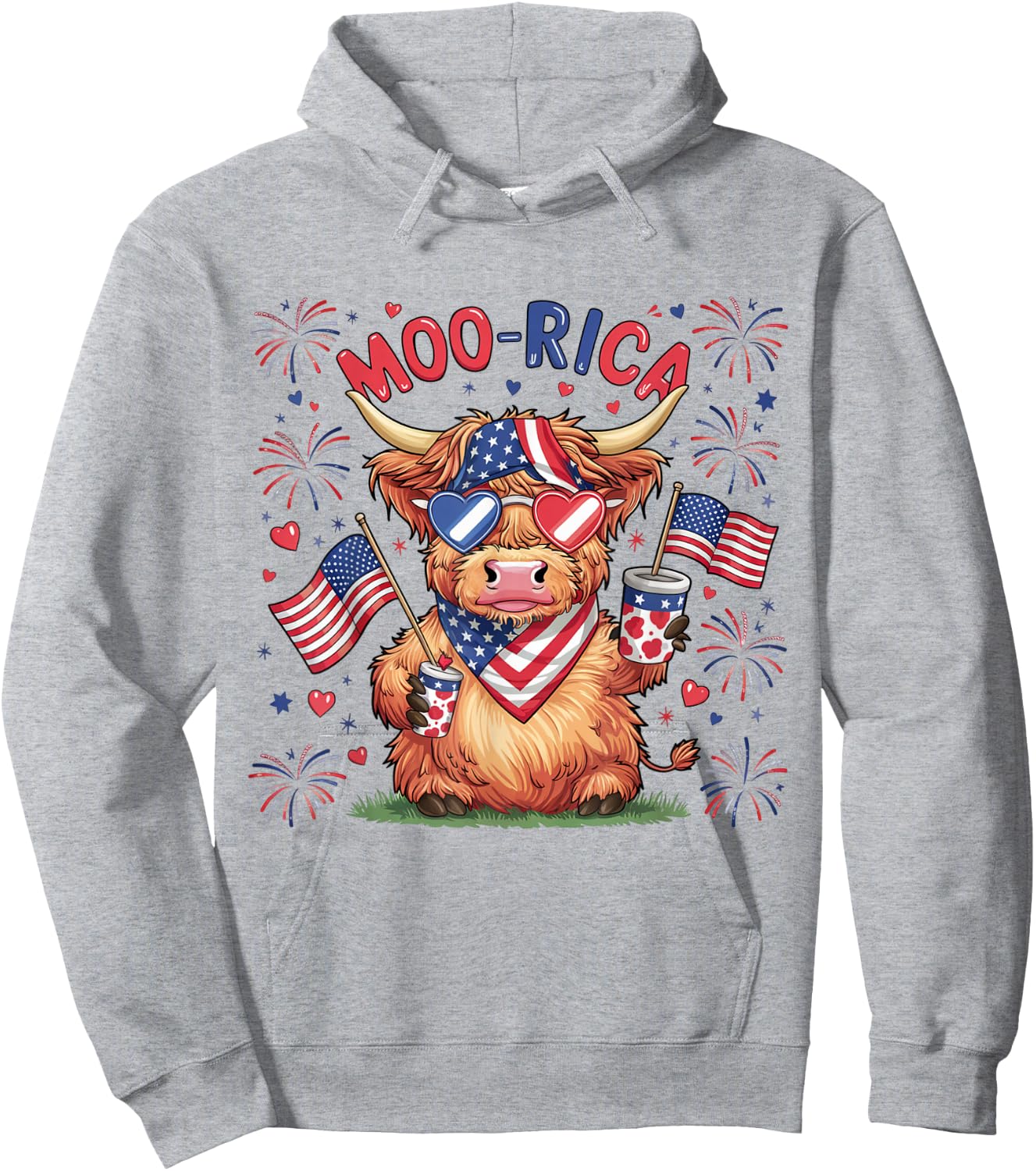 Moo-Rica Western America Highland Cow 4th Of July USA Flag Kids Men Hoodie - Hoodie | Ash