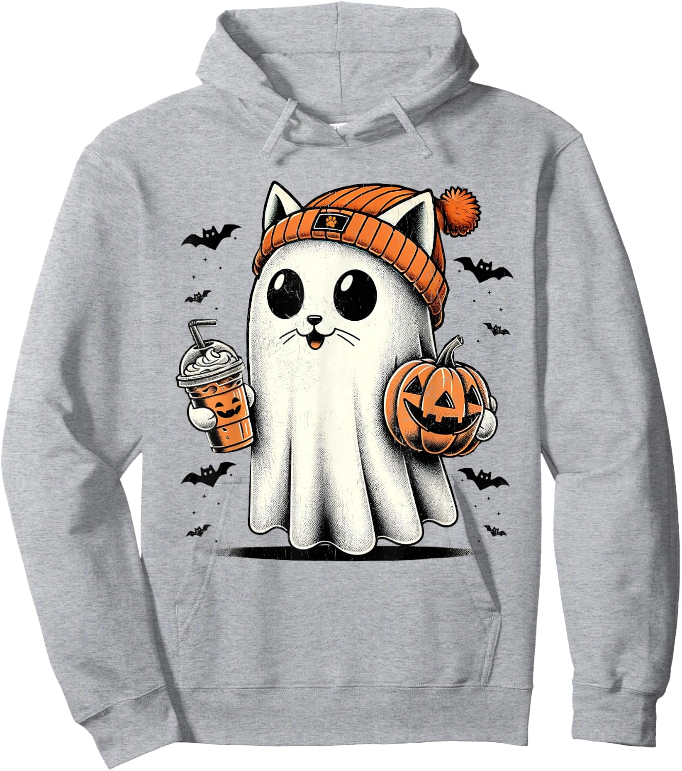 Cute Cat Ghost Iced Coffee Funny Ghost Halloween Ice Coffee Women Kids Hoodie - Hoodie | Ash