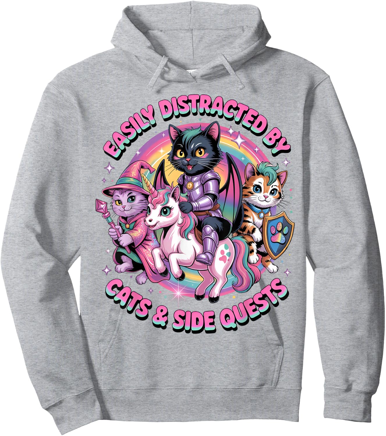 Gamer Cats Side Quest Distracted Cute Girls Unicorn RPG Hoodie - Hoodie | Ash