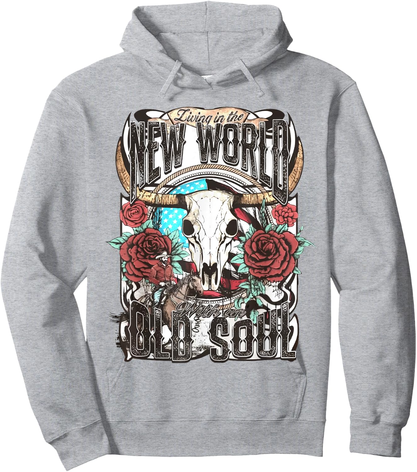 Living In The New World With An Old Soul Cow Skull Western Hoodie - Hoodie | Ash