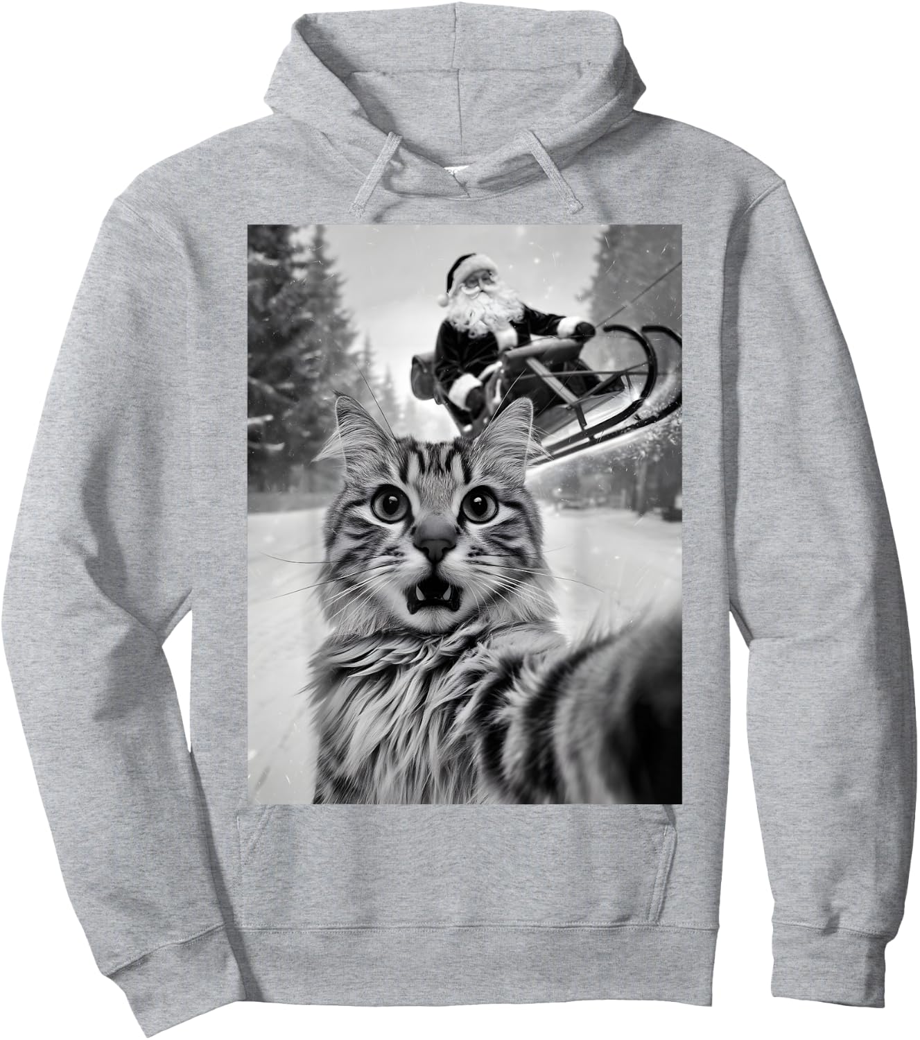 Christmas Cat Selfie With Santa Claus Sleigh Merry X-Mas Men Women Kids Hoodie - Hoodie | Ash