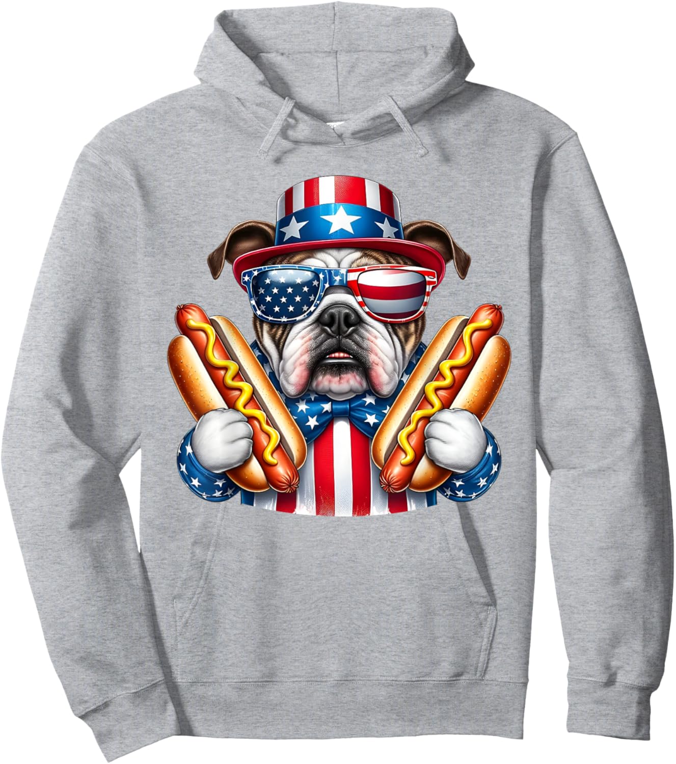 English Bulldog Dog 4th of July Hotdog USA Flag Patriotic Hoodie - Hoodie | Ash