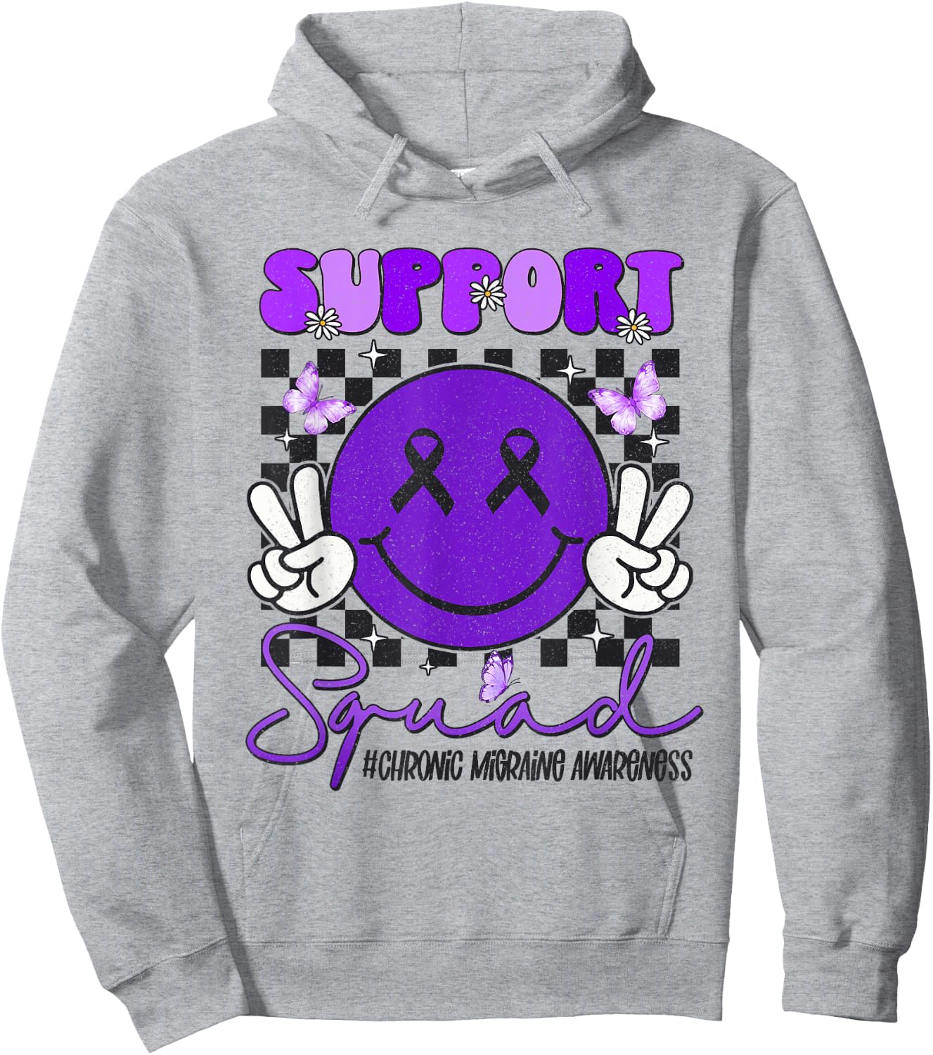 Chronic Migraine Awareness Support Smile Face Purple Ribbon Hoodie - Hoodie | Ash